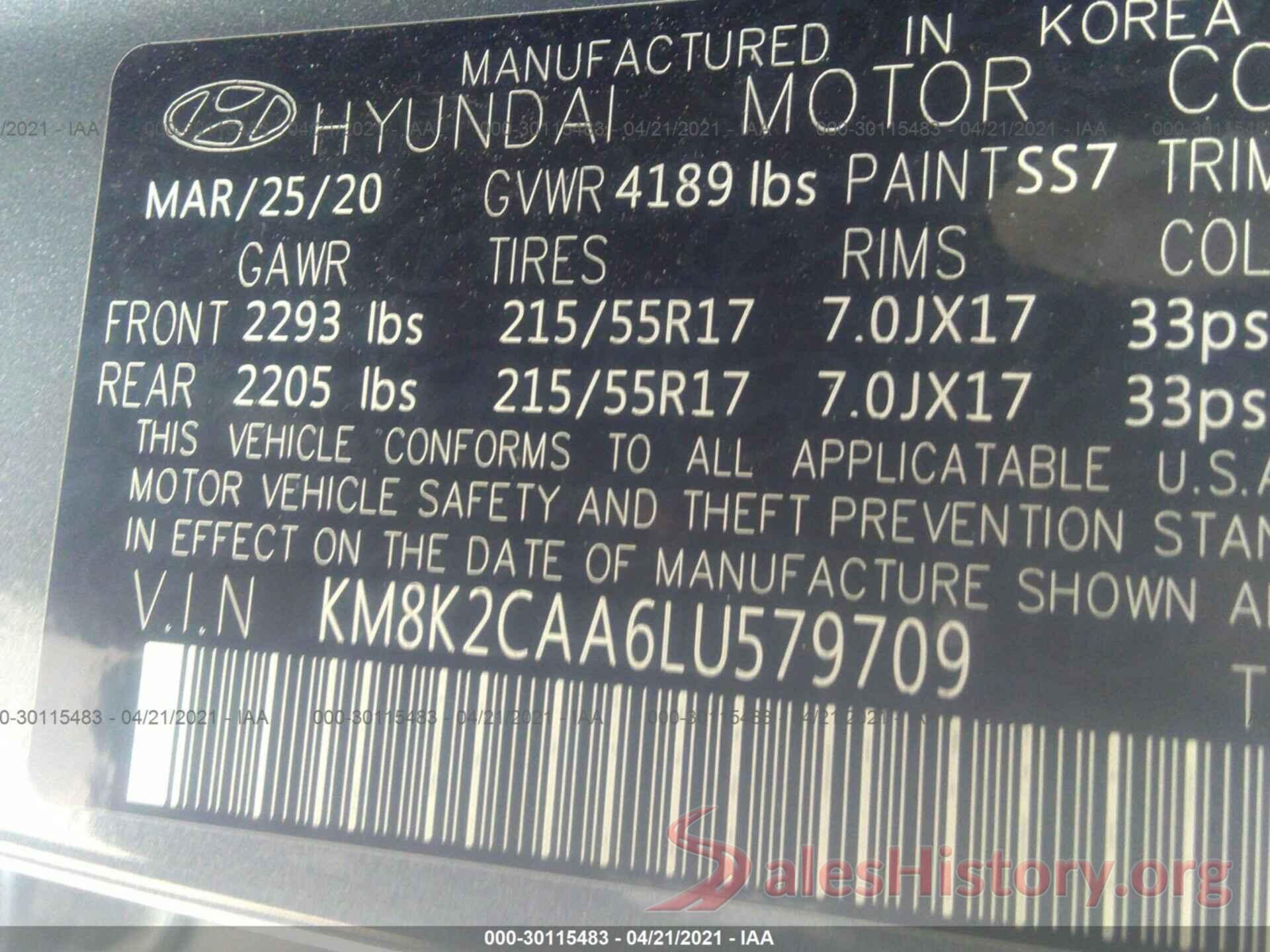 KM8K2CAA6LU579709 2020 HYUNDAI KONA