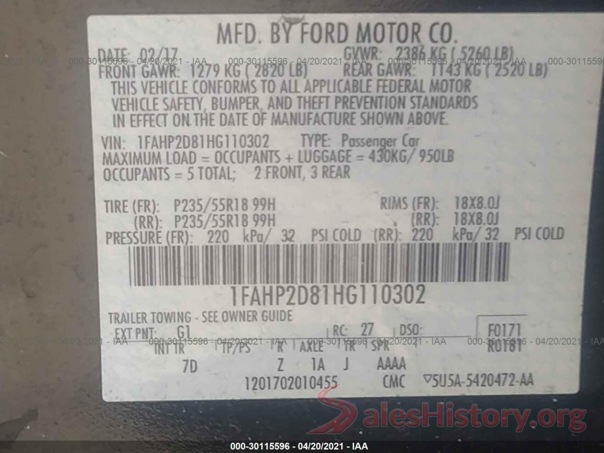 1FAHP2D81HG110302 2017 FORD TAURUS