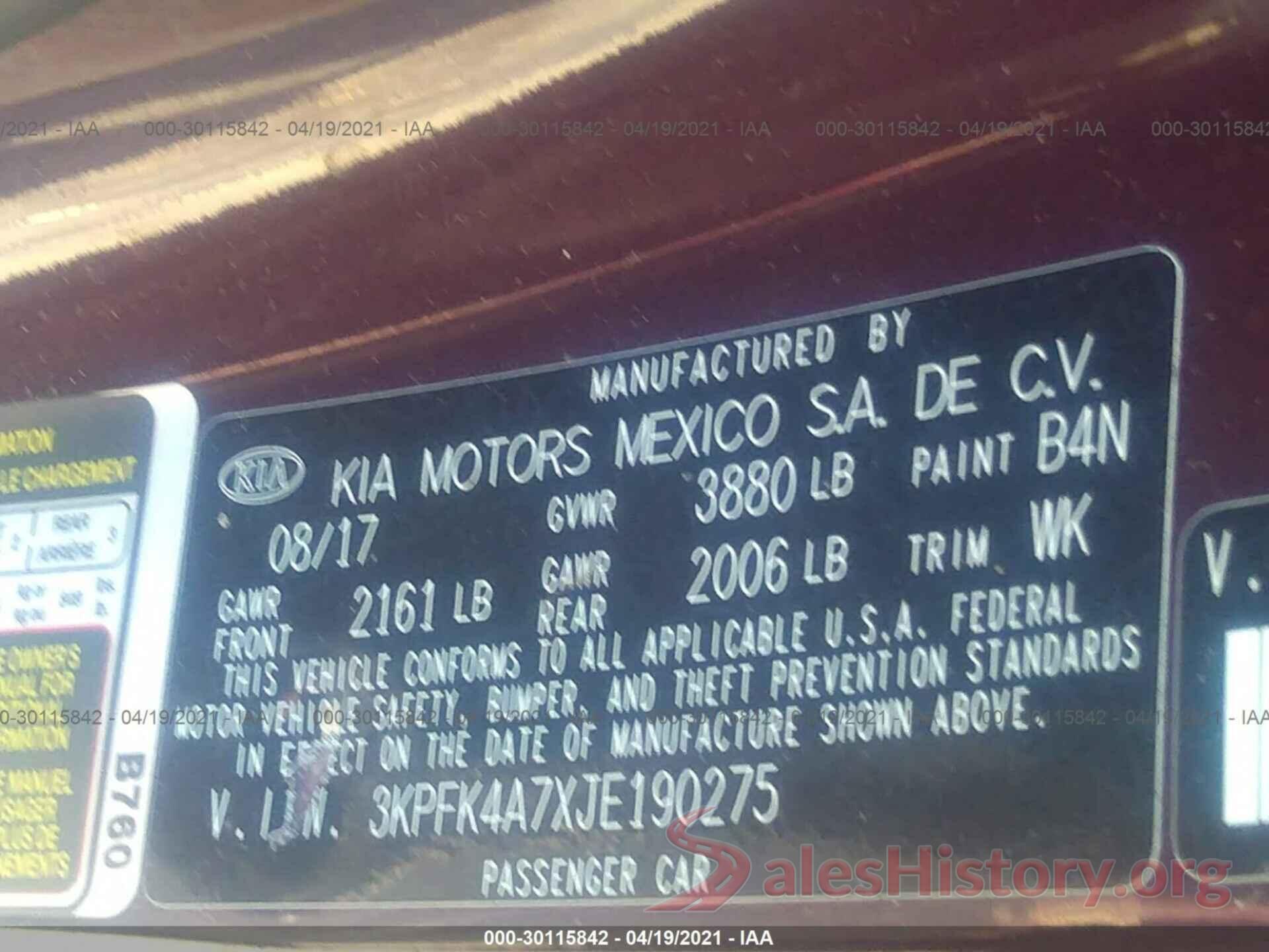 3KPFK4A7XJE190275 2018 KIA FORTE