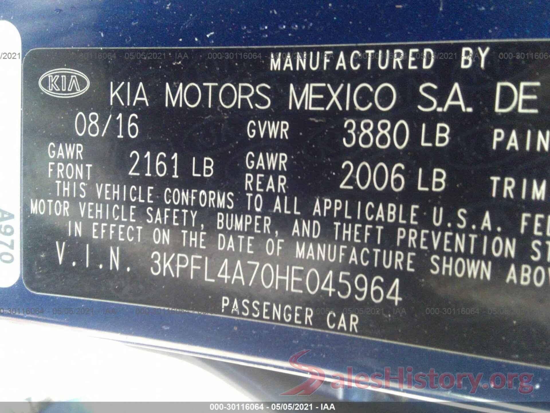 3KPFL4A70HE045964 2017 KIA FORTE