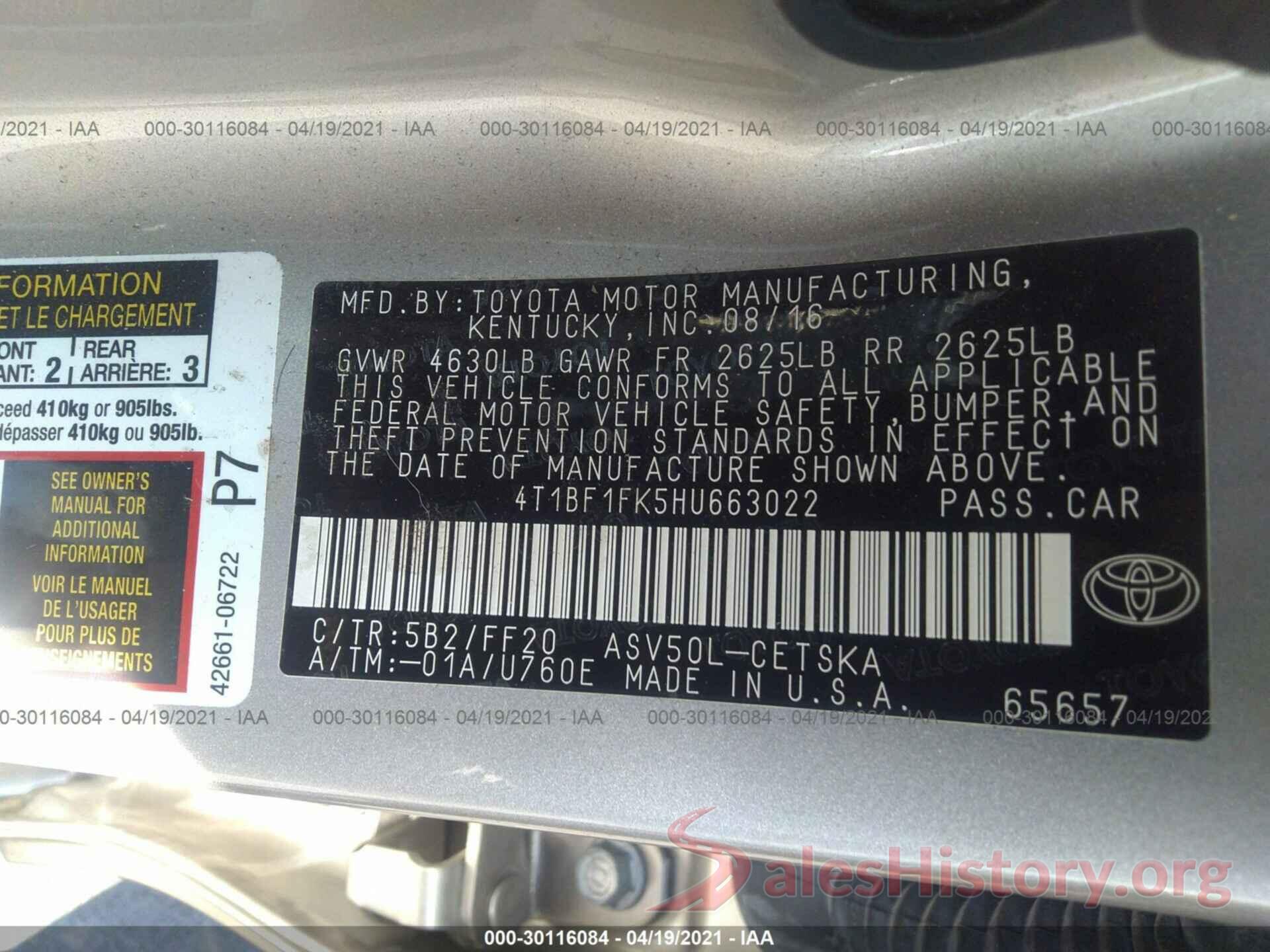 4T1BF1FK5HU663022 2017 TOYOTA CAMRY