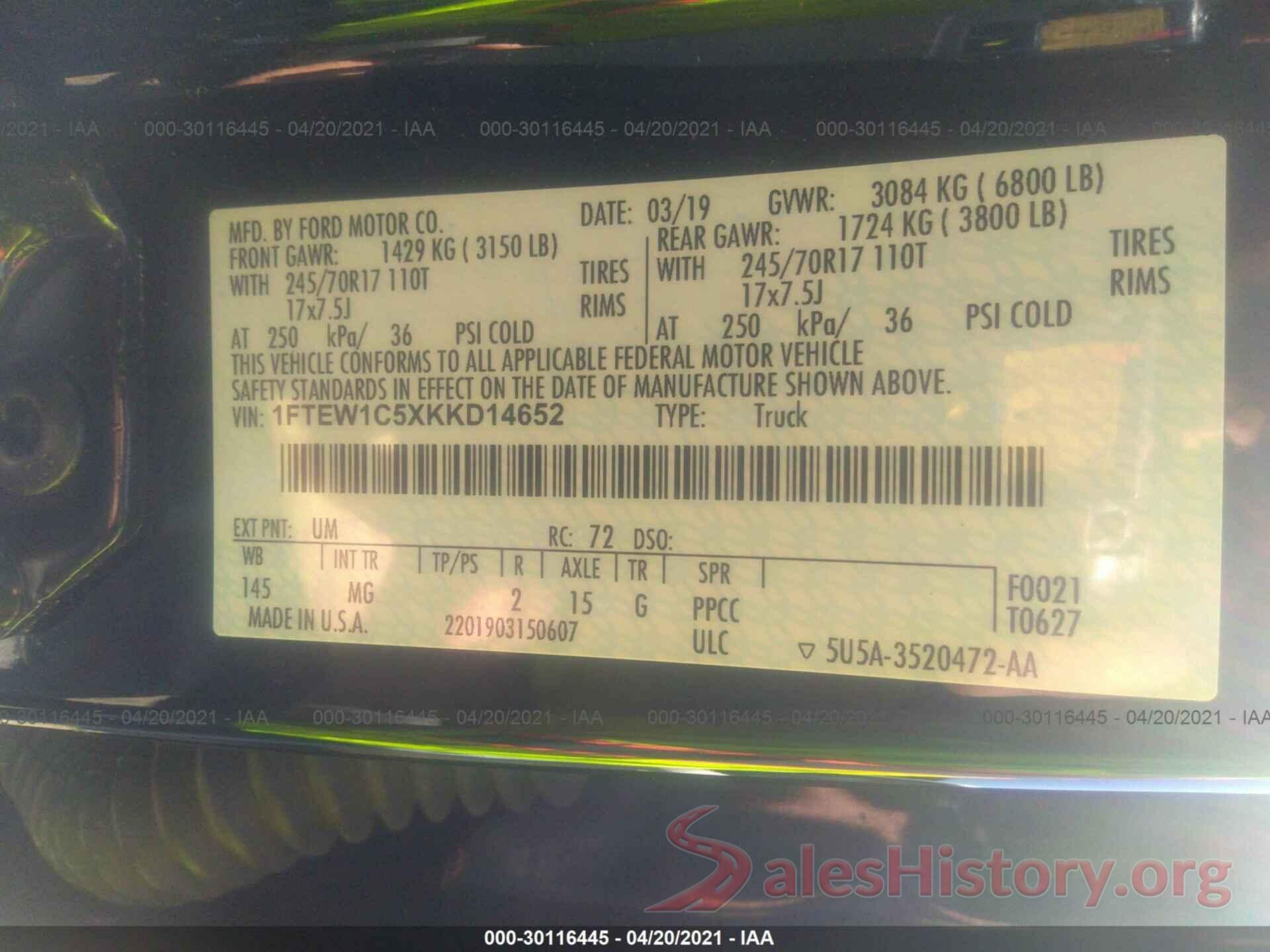 1FTEW1C5XKKD14652 2019 FORD F-150