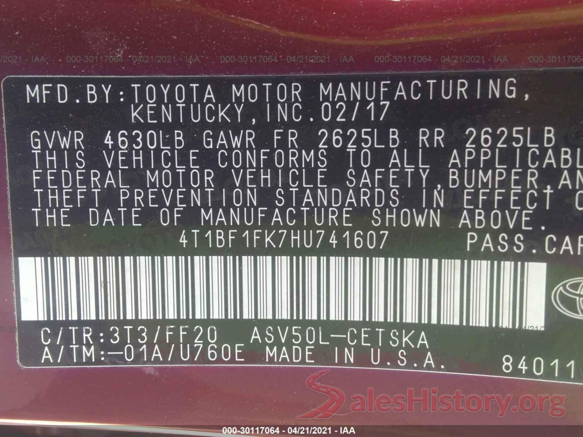 4T1BF1FK7HU741607 2017 TOYOTA CAMRY