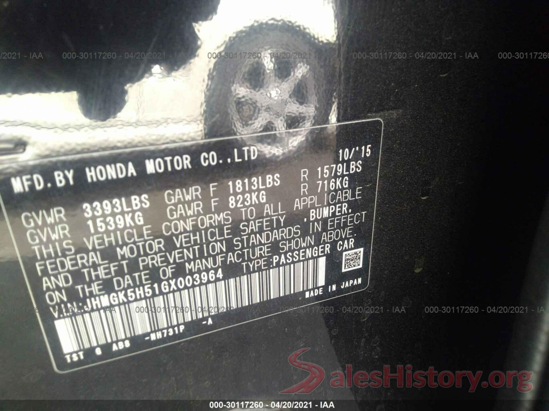 JHMGK5H51GX003964 2016 HONDA FIT