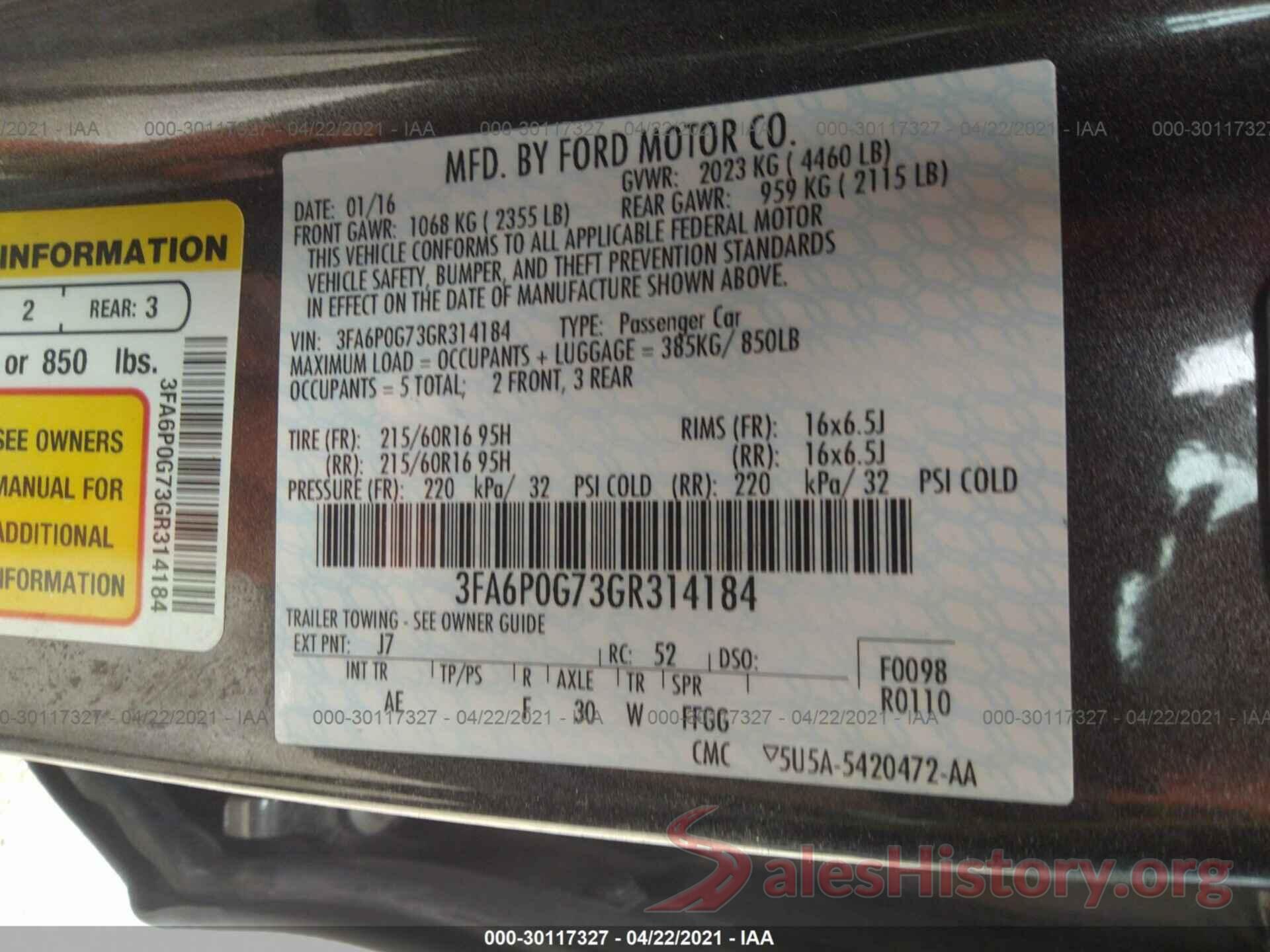 3FA6P0G73GR314184 2016 FORD FUSION