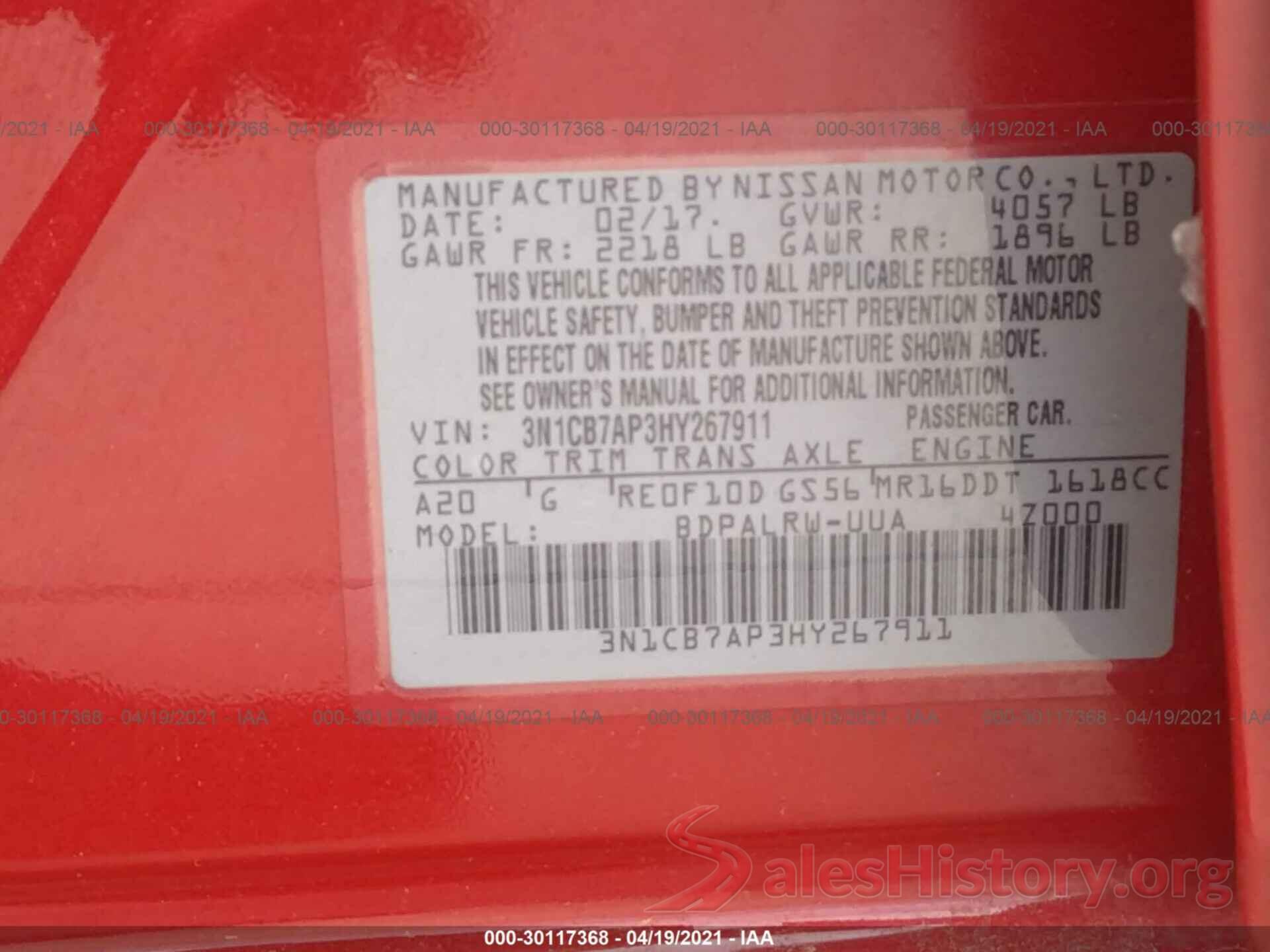 3N1CB7AP3HY267911 2017 NISSAN SENTRA