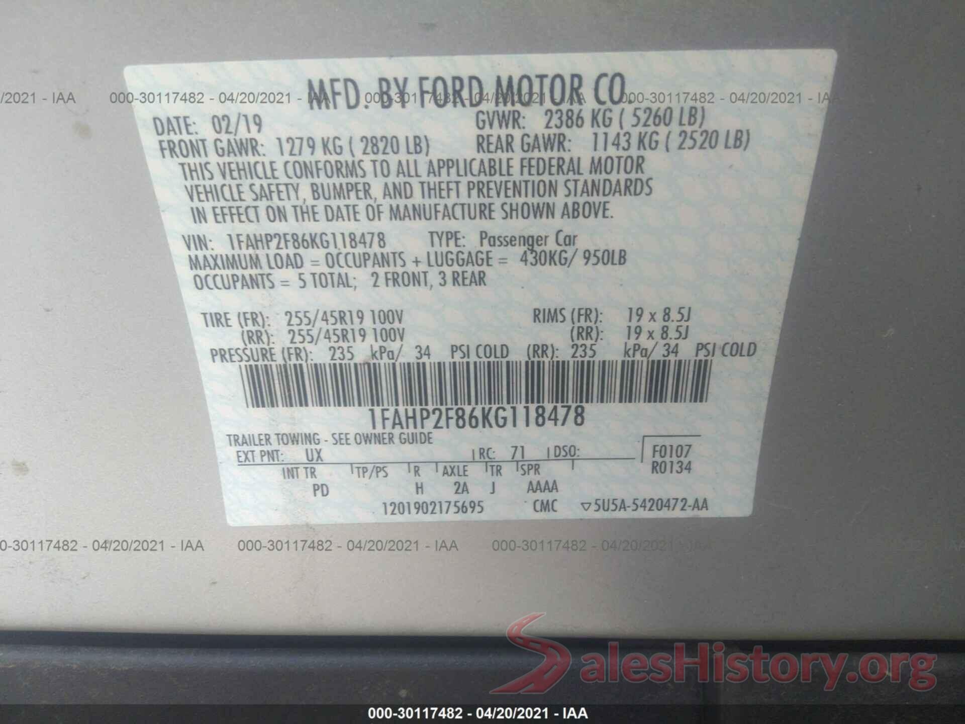 1FAHP2F86KG118478 2019 FORD TAURUS