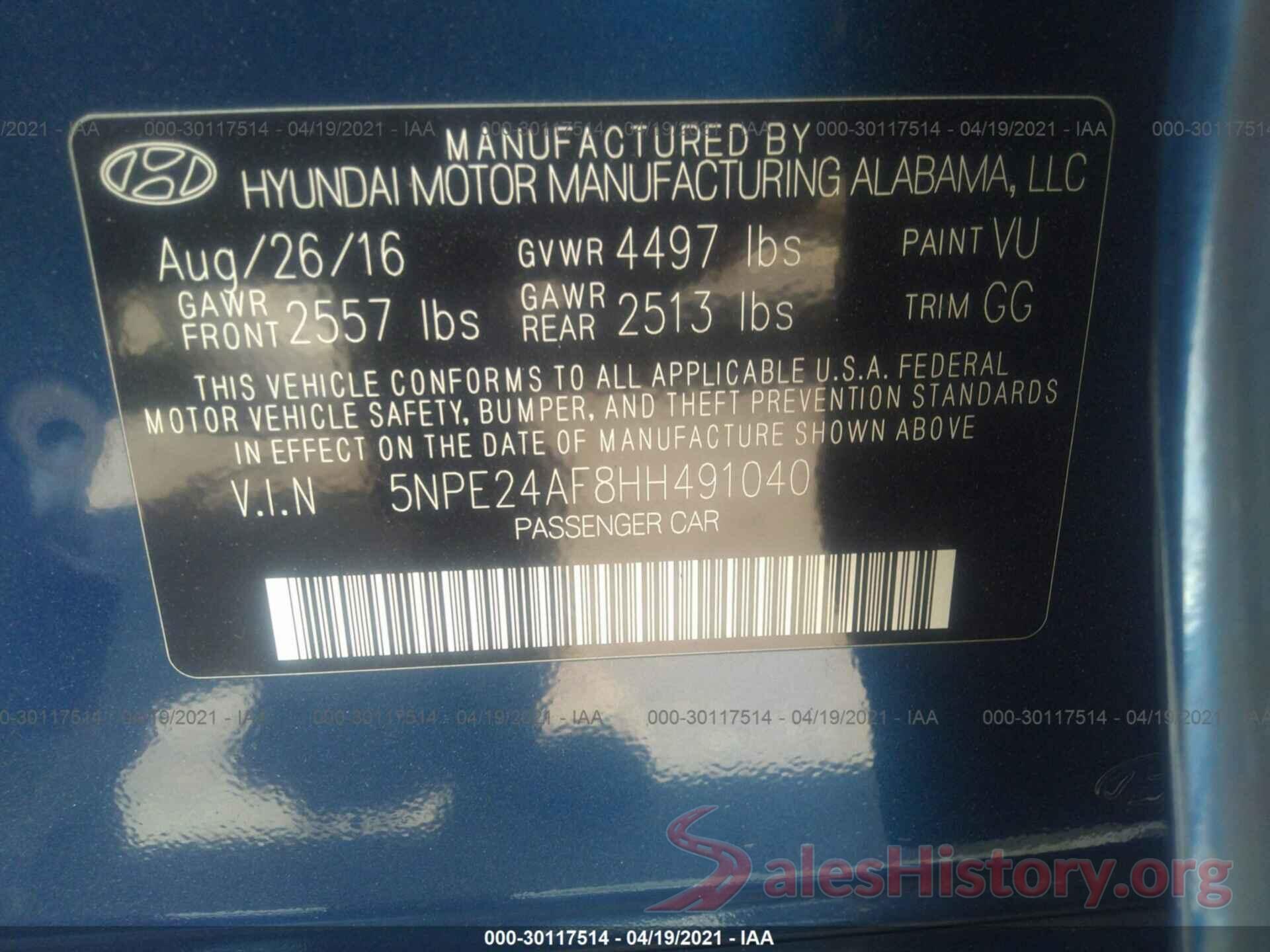 5NPE24AF8HH491040 2017 HYUNDAI SONATA