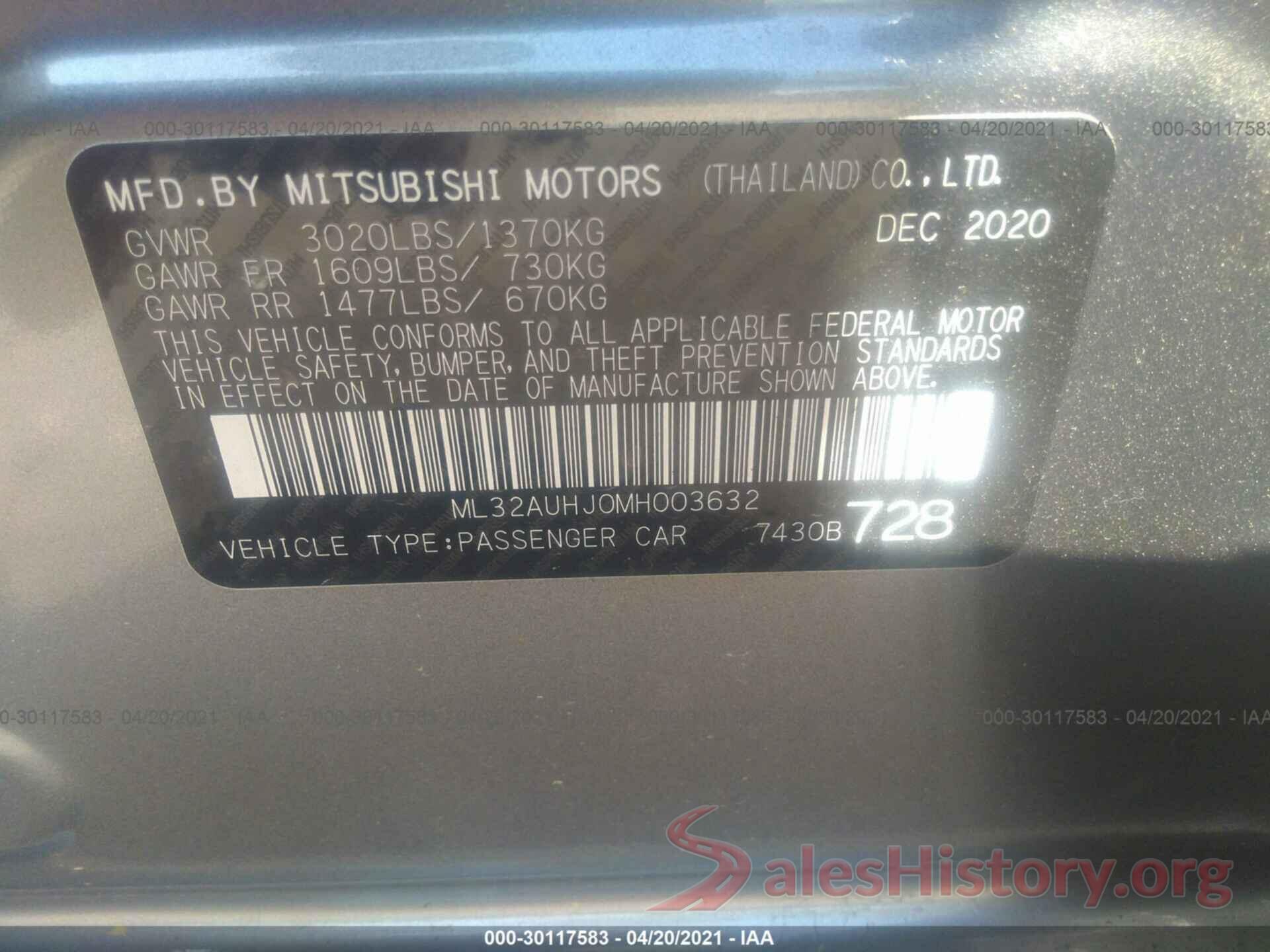 ML32AUHJ0MH003632 2021 MITSUBISHI MIRAGE