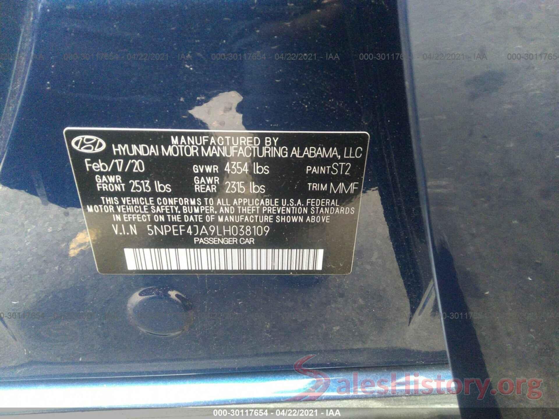 5NPEF4JA9LH038109 2020 HYUNDAI SONATA