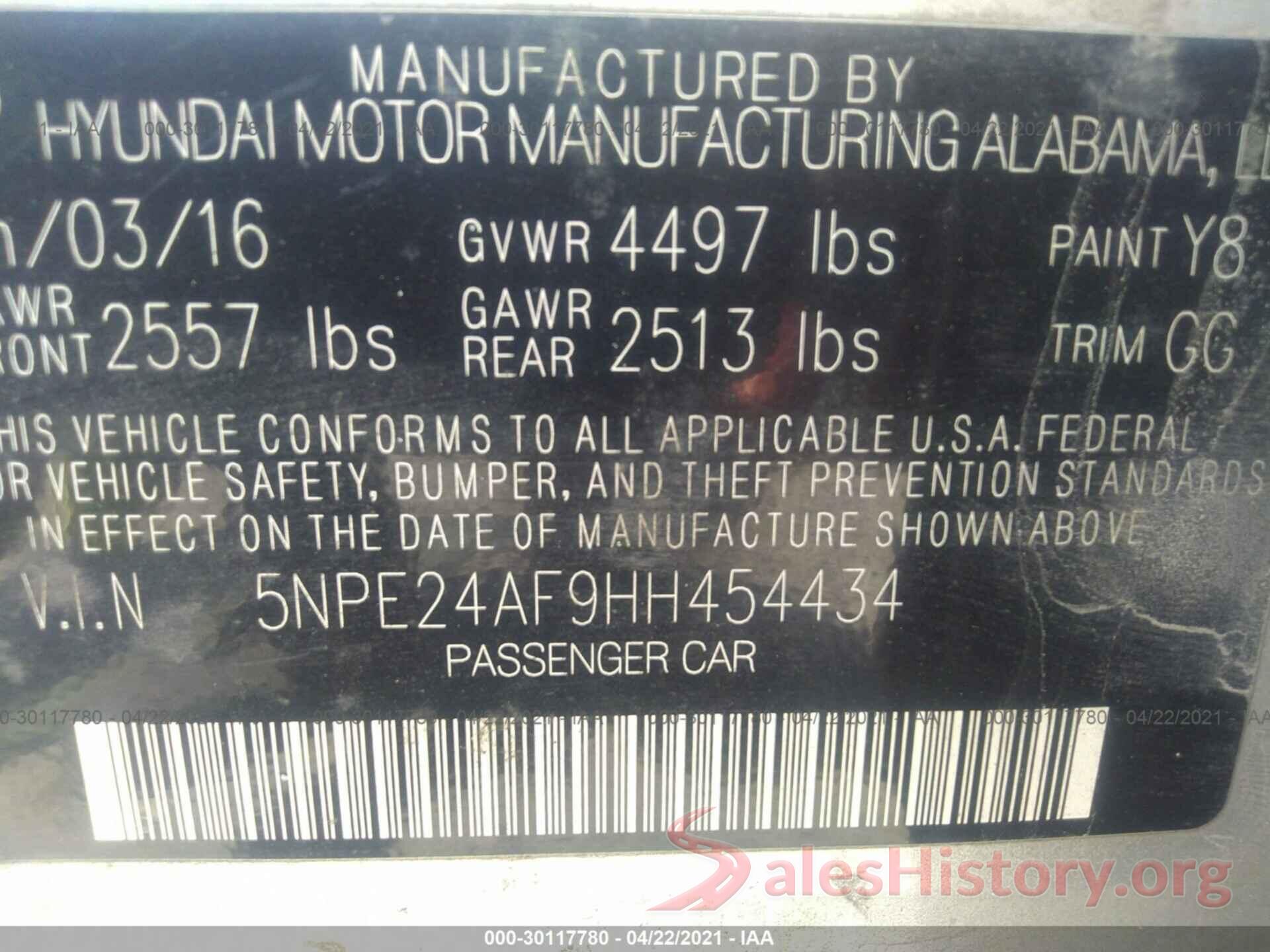 5NPE24AF9HH454434 2017 HYUNDAI SONATA