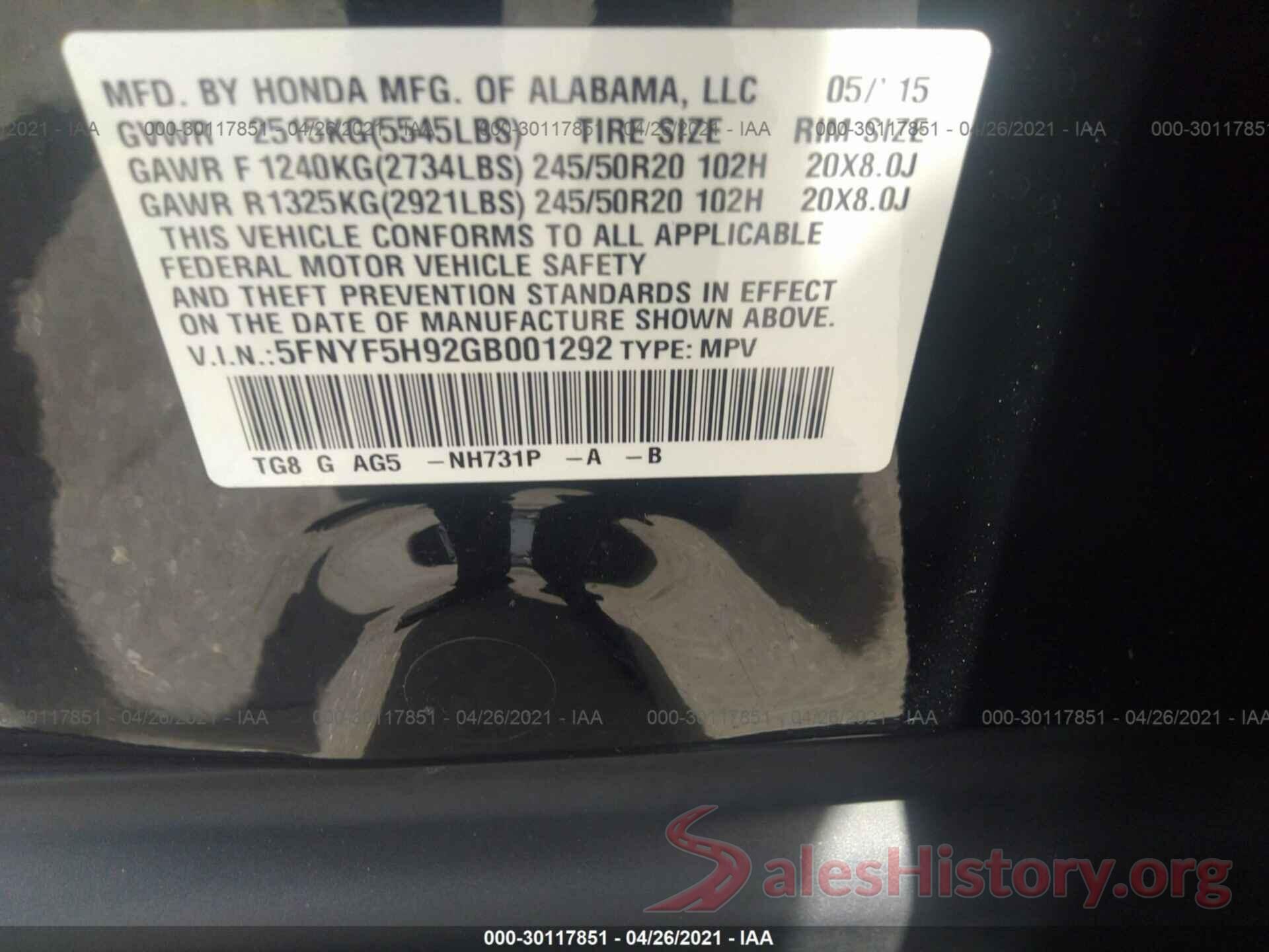 5FNYF5H92GB001292 2016 HONDA PILOT