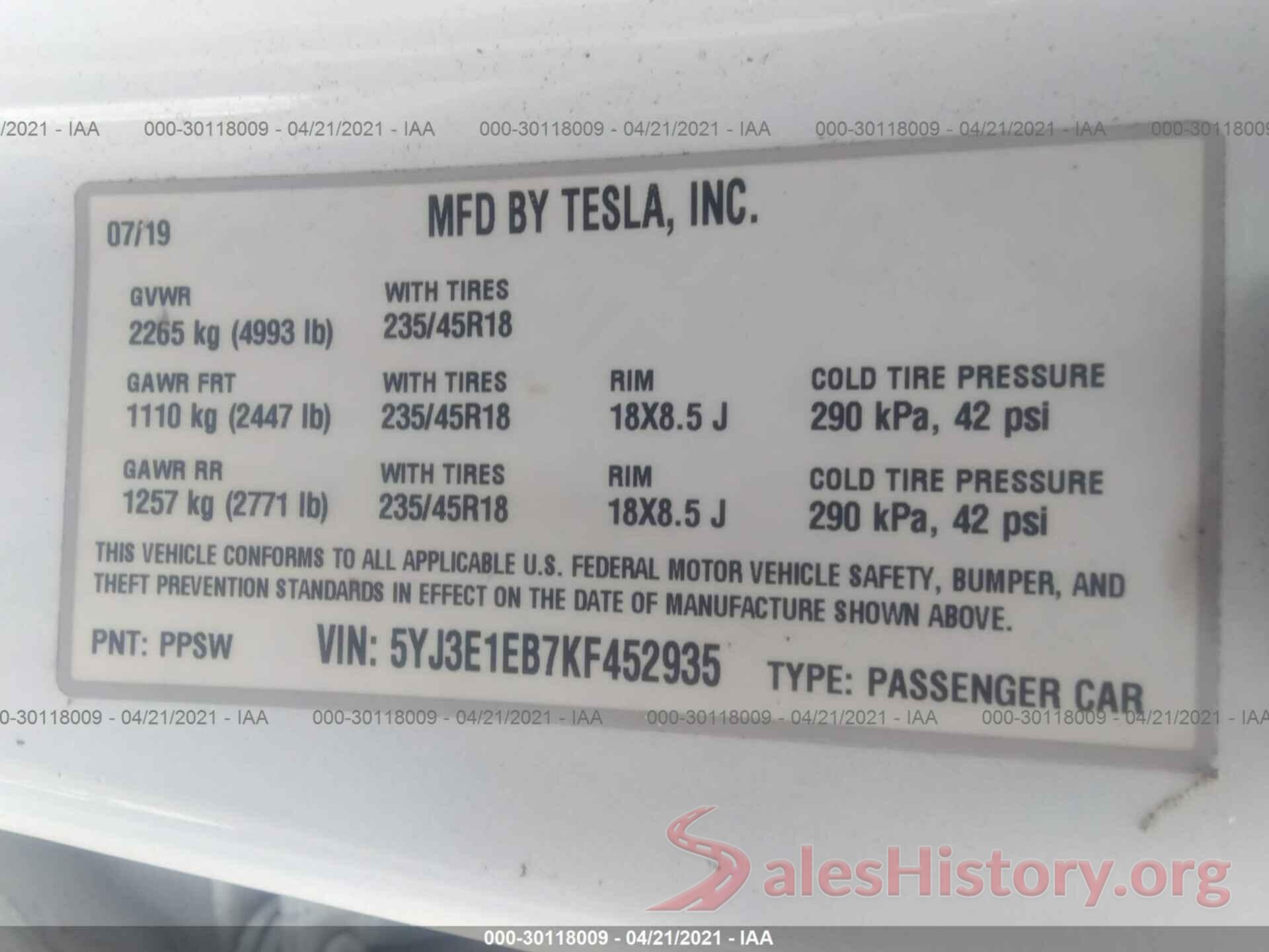 5YJ3E1EB7KF452935 2019 TESLA MODEL 3