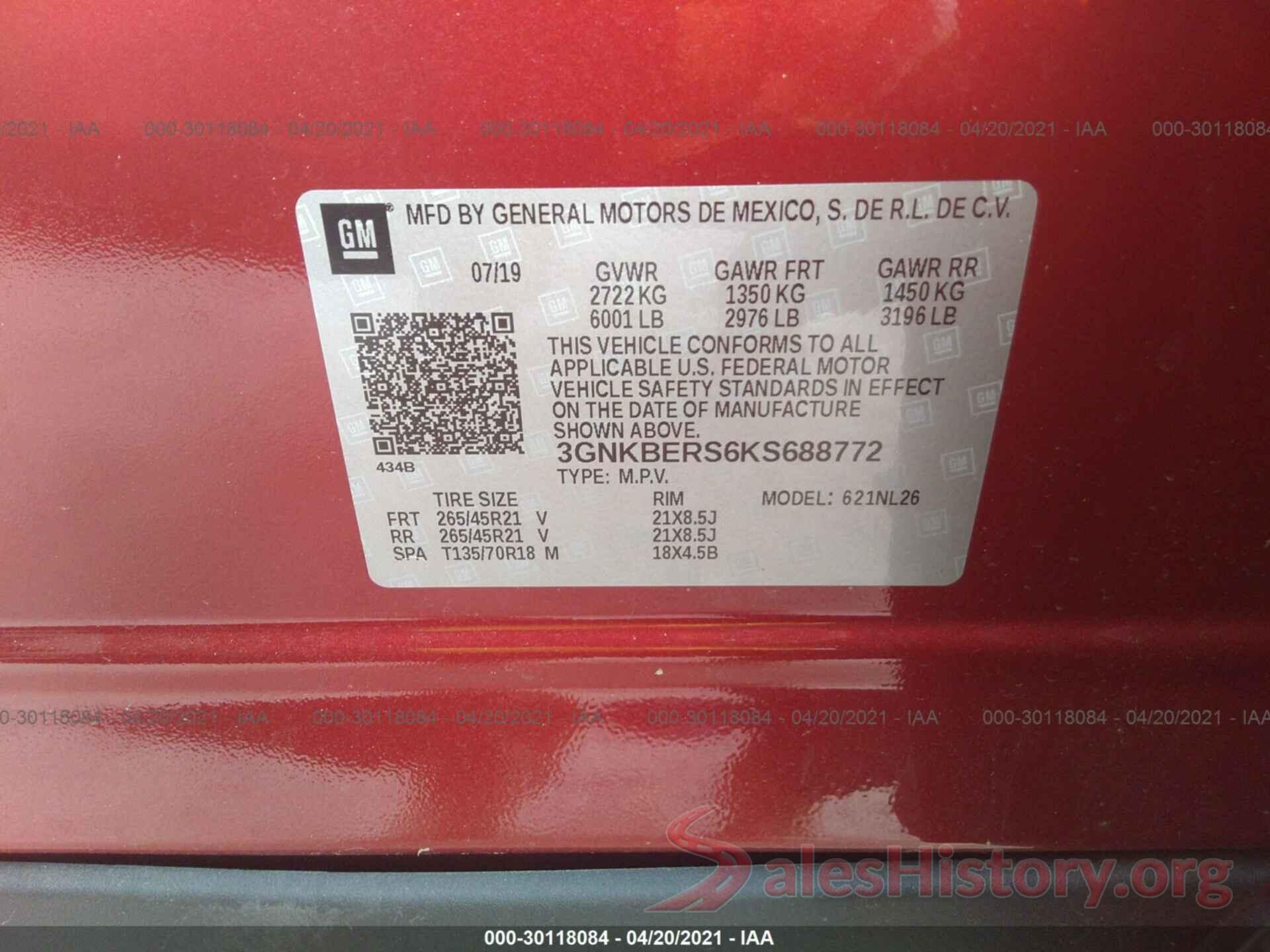 3GNKBERS6KS688772 2019 CHEVROLET BLAZER