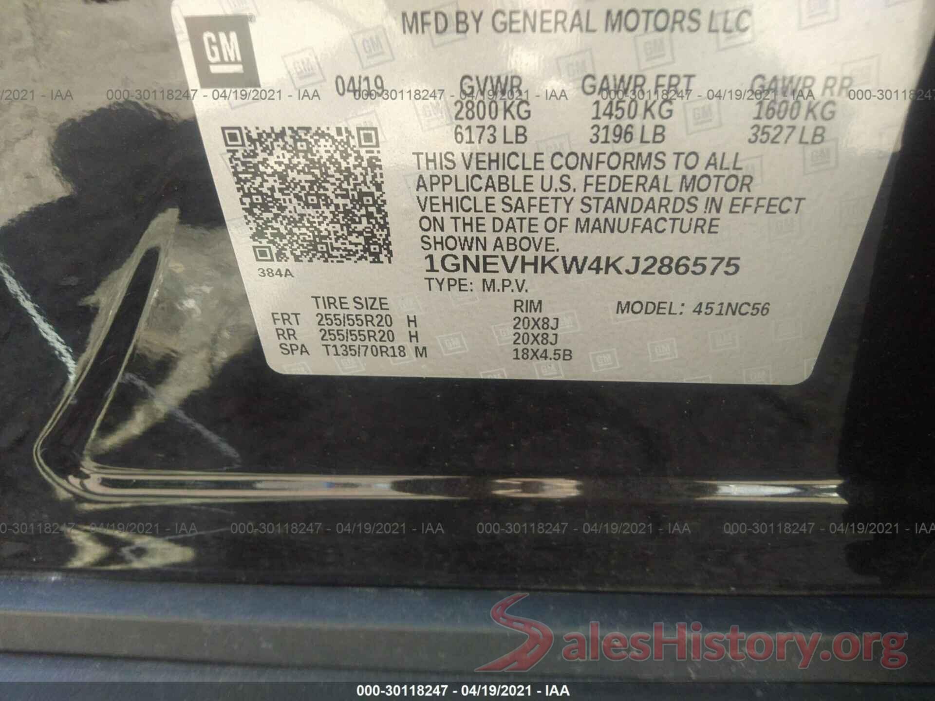 1GNEVHKW4KJ286575 2019 CHEVROLET TRAVERSE