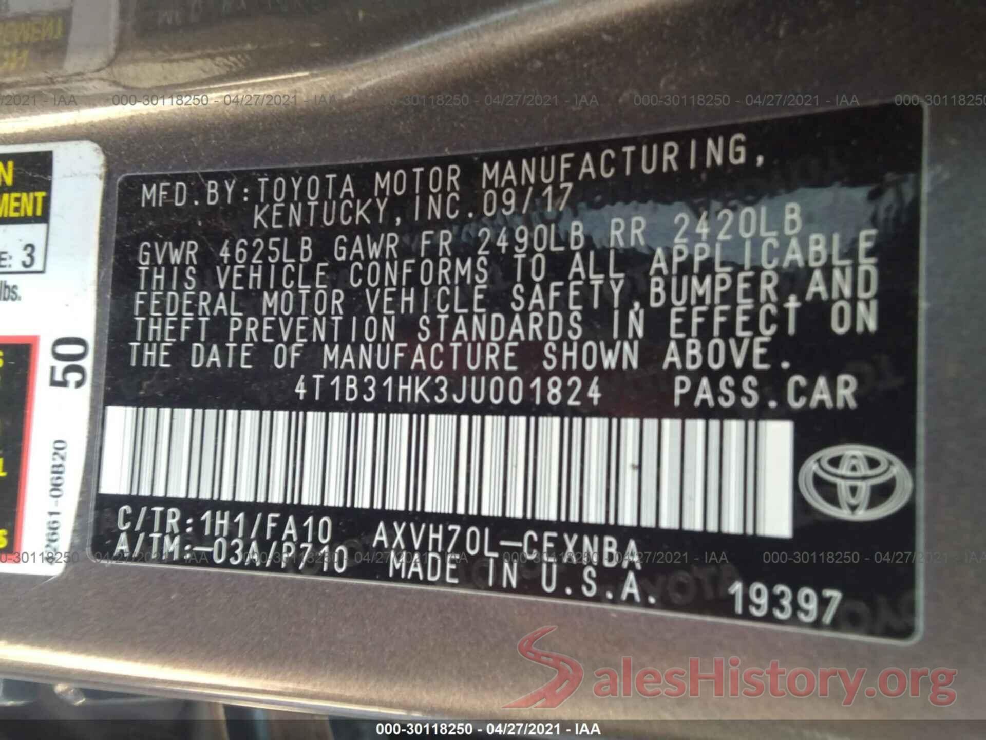 4T1B31HK3JU001824 2018 TOYOTA CAMRY