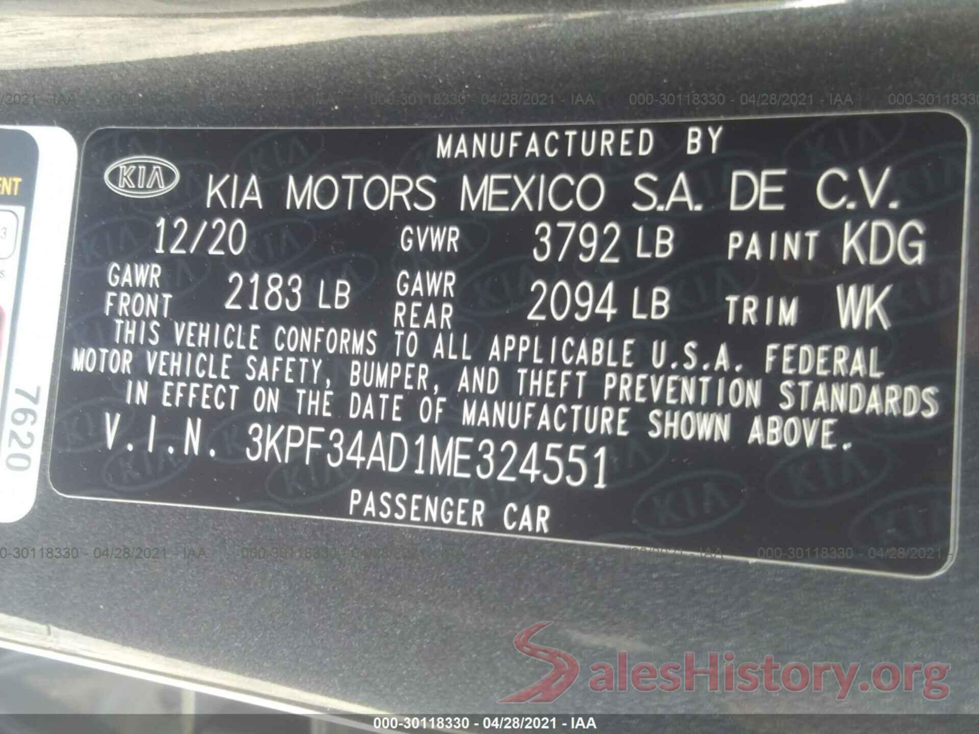 3KPF34AD1ME324551 2021 KIA FORTE