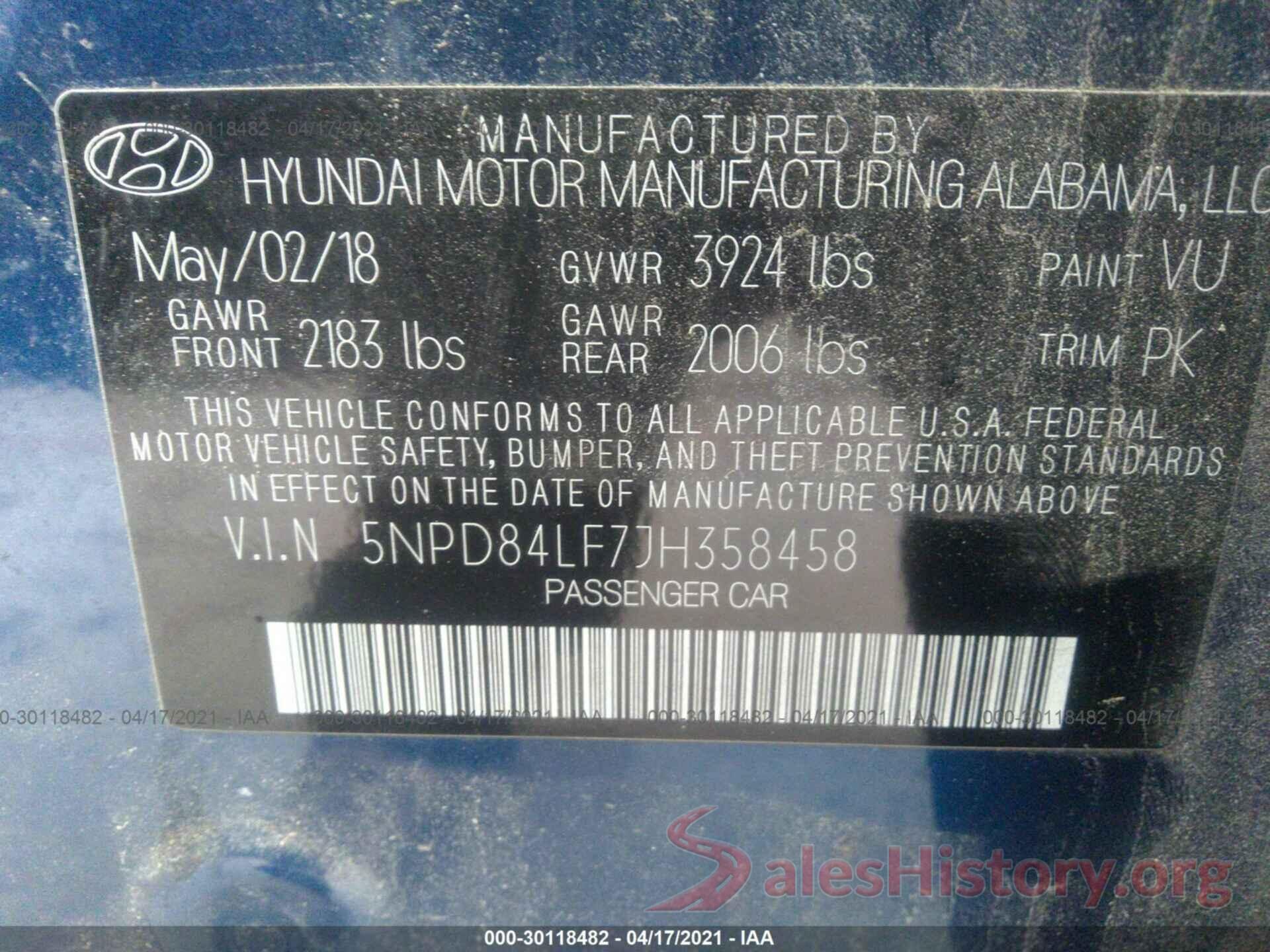 5NPD84LF7JH358458 2018 HYUNDAI ELANTRA