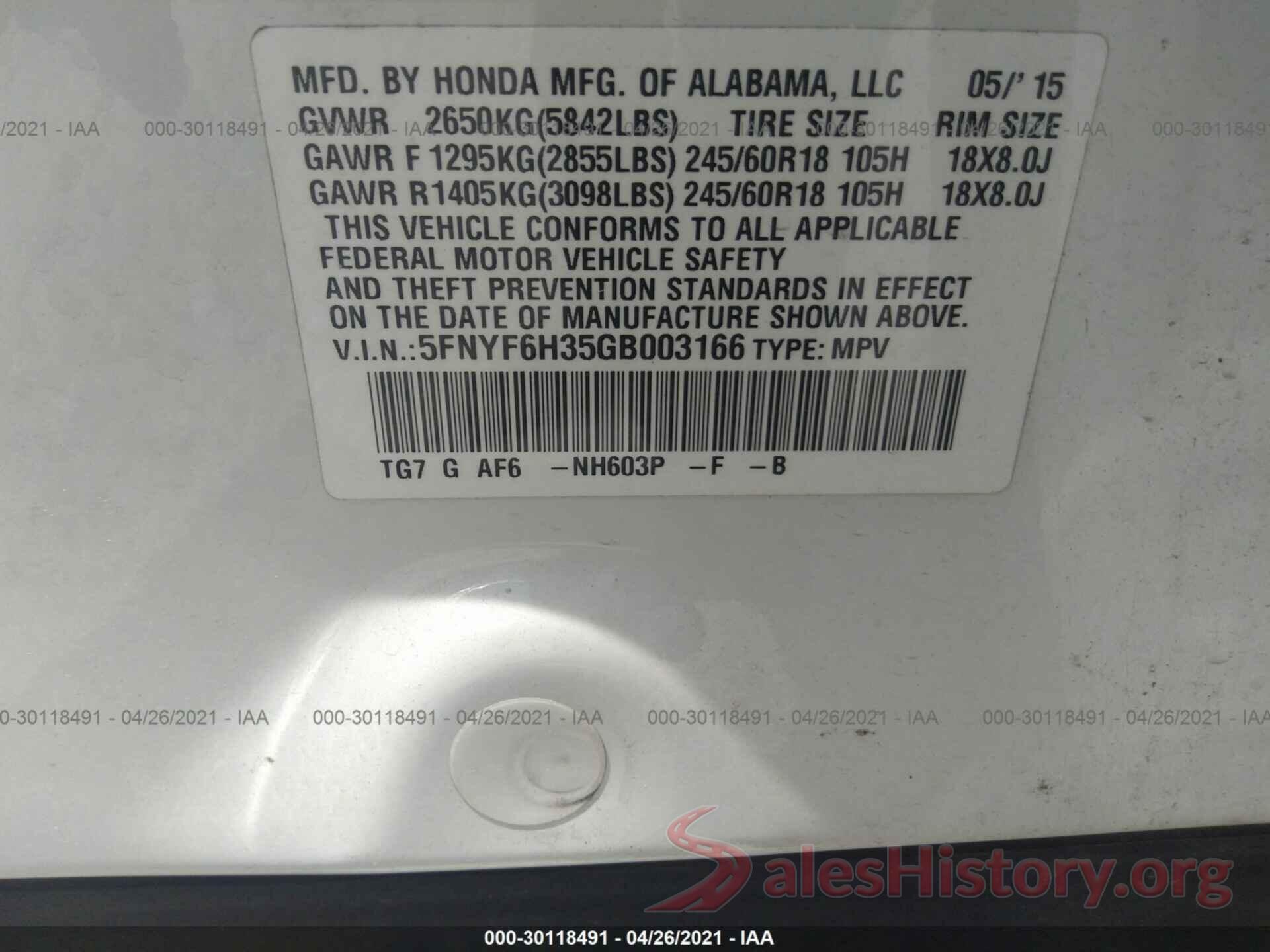 5FNYF6H35GB003166 2016 HONDA PILOT