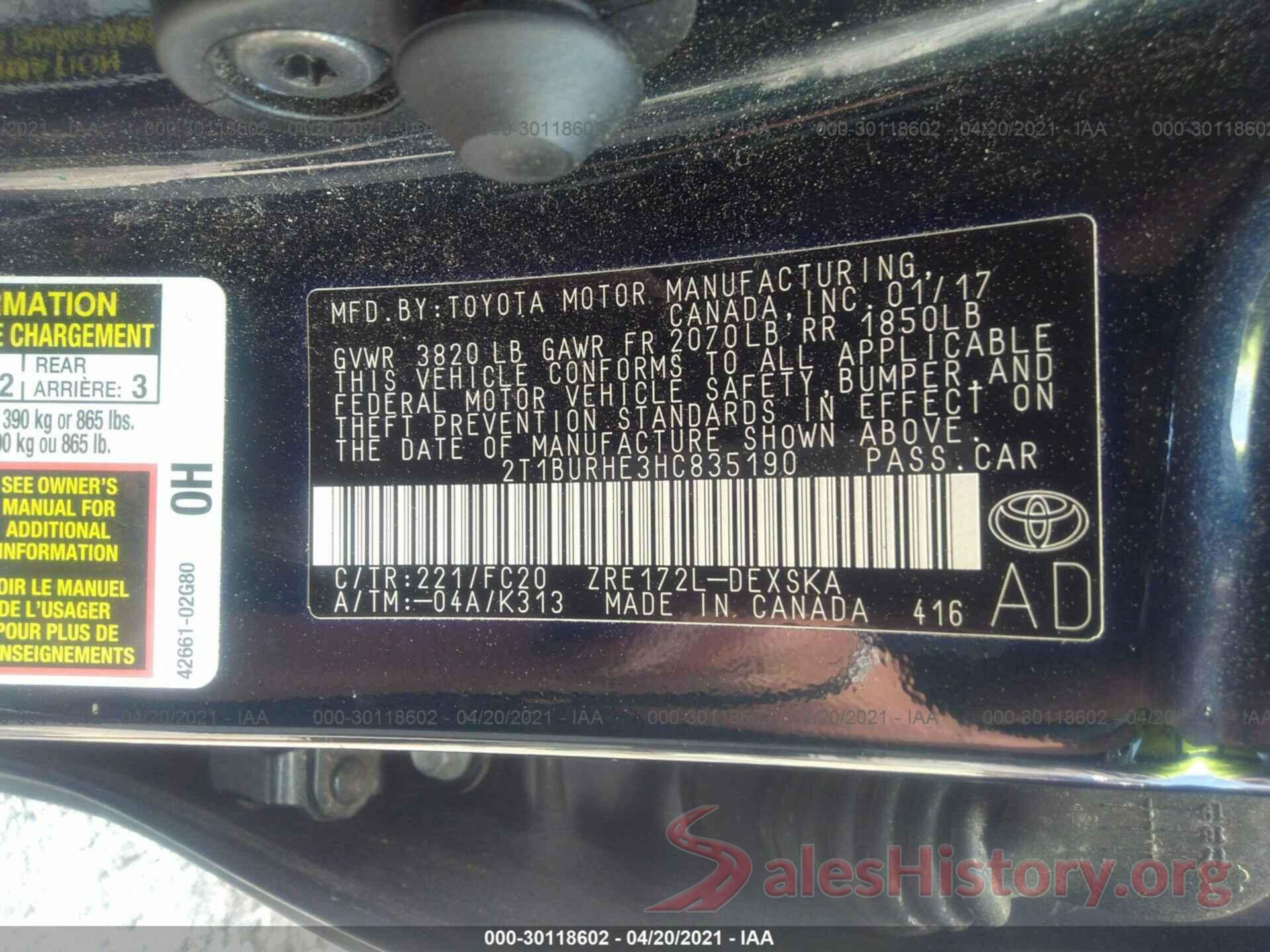 2T1BURHE3HC835190 2017 TOYOTA COROLLA