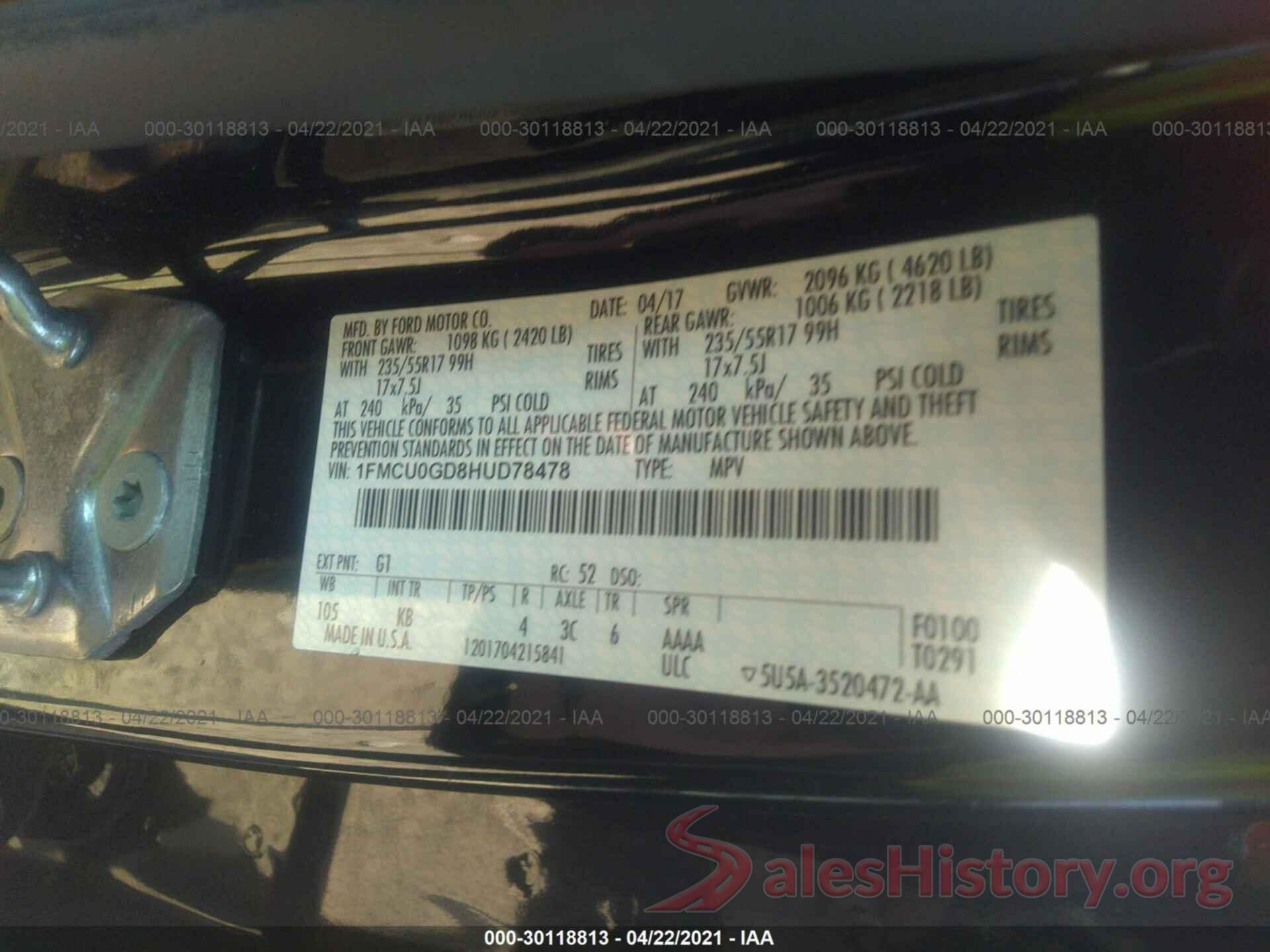 1FMCU0GD8HUD78478 2017 FORD ESCAPE