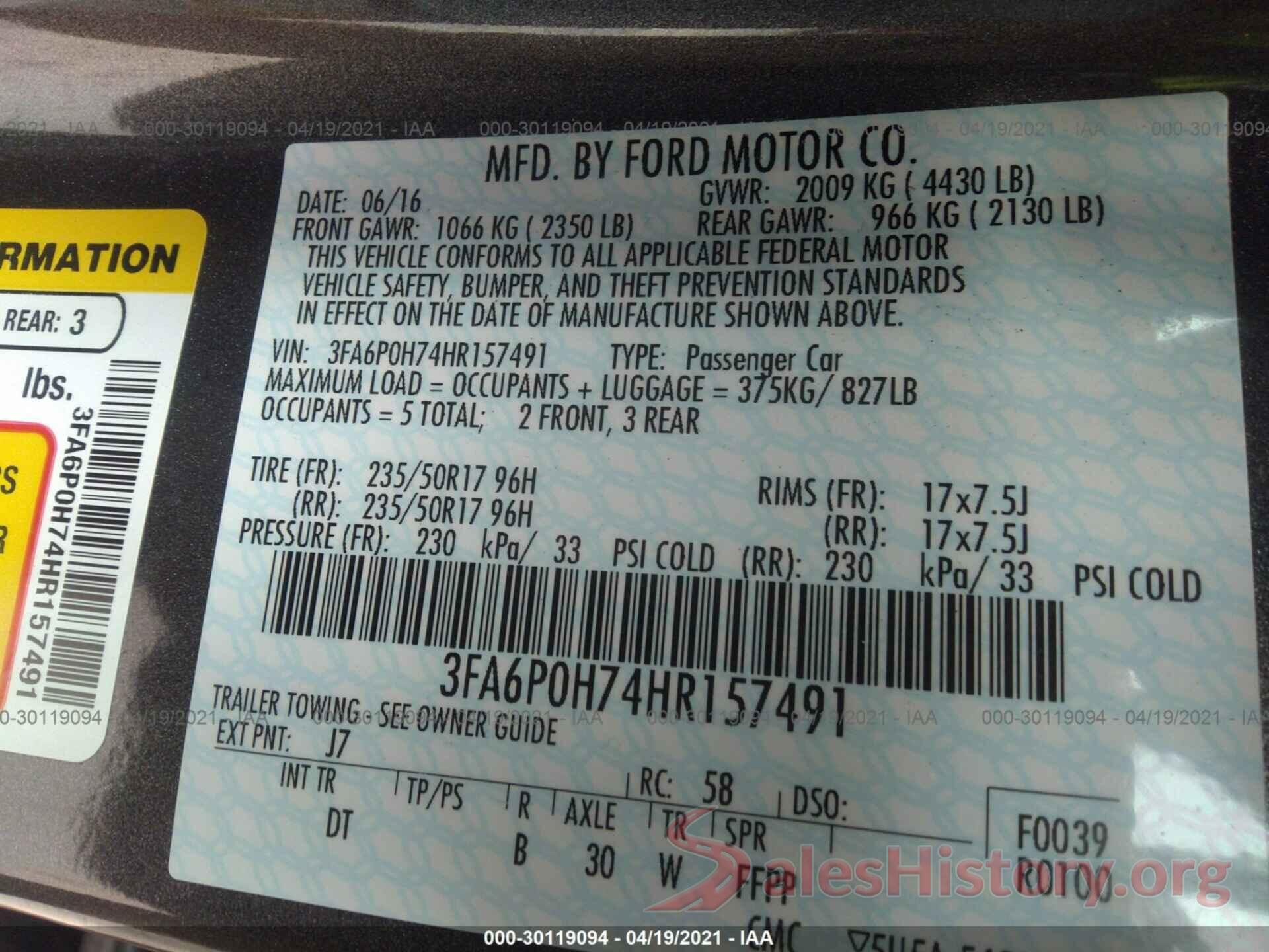 3FA6P0H74HR157491 2017 FORD FUSION