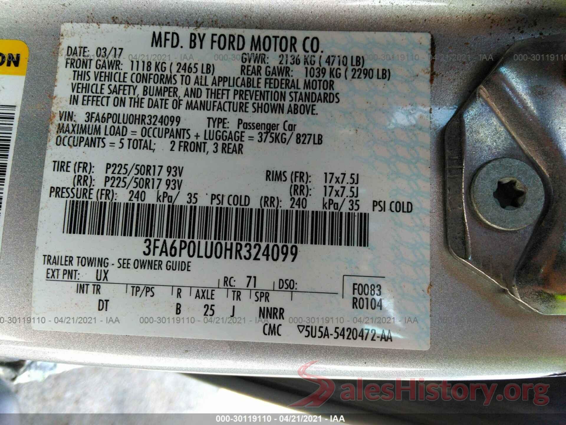 3FA6P0LU0HR324099 2017 FORD FUSION