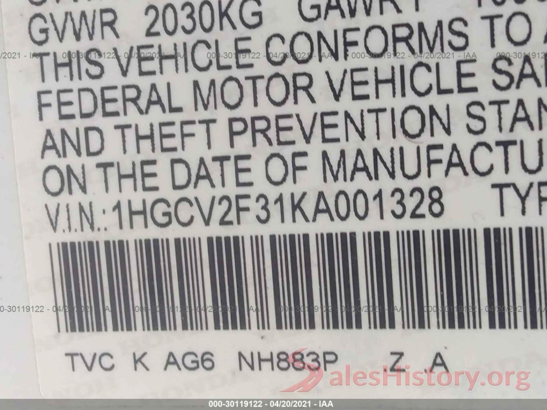 1HGCV2F31KA001328 2019 HONDA ACCORD SEDAN