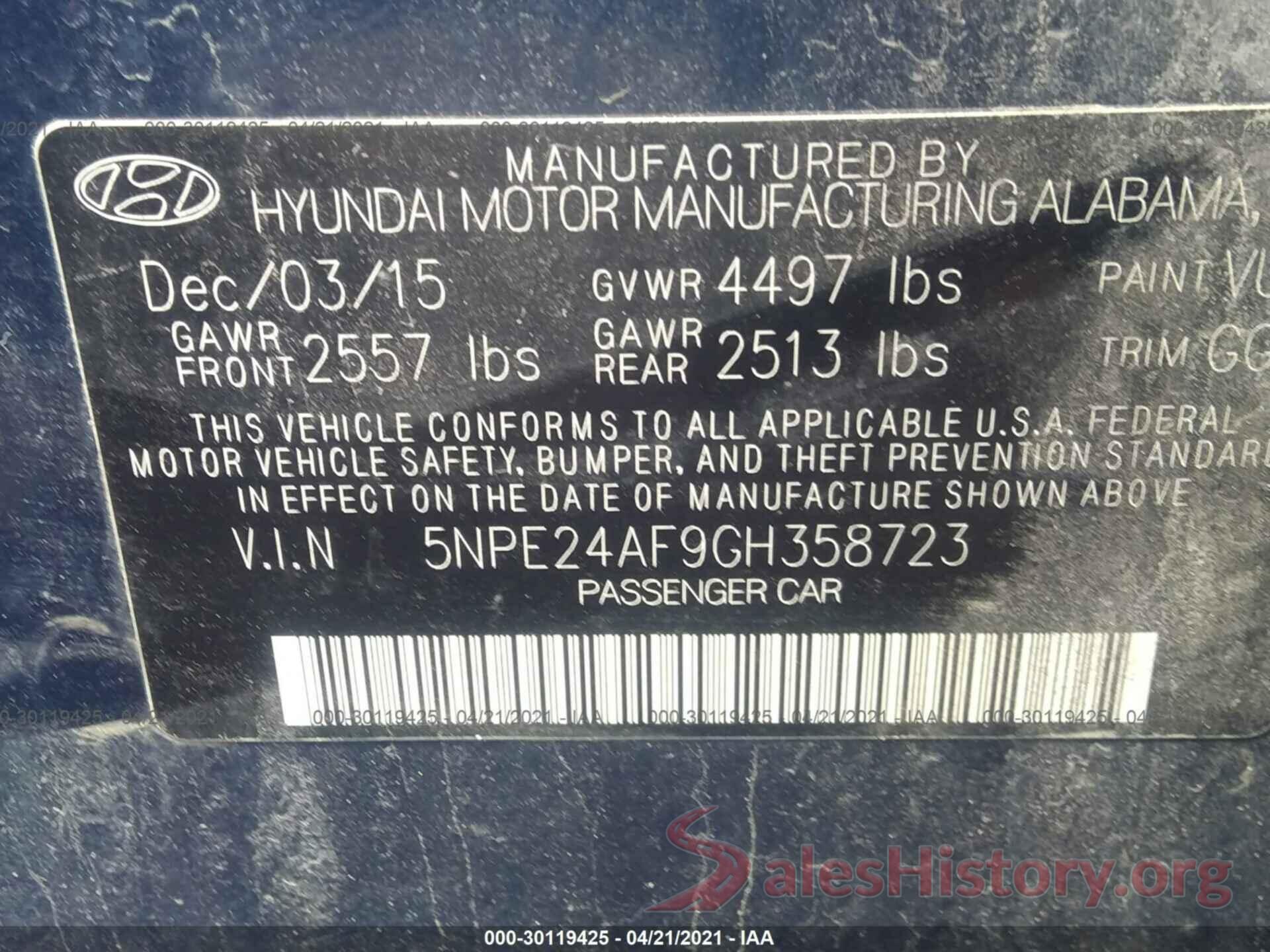 5NPE24AF9GH358723 2016 HYUNDAI SONATA