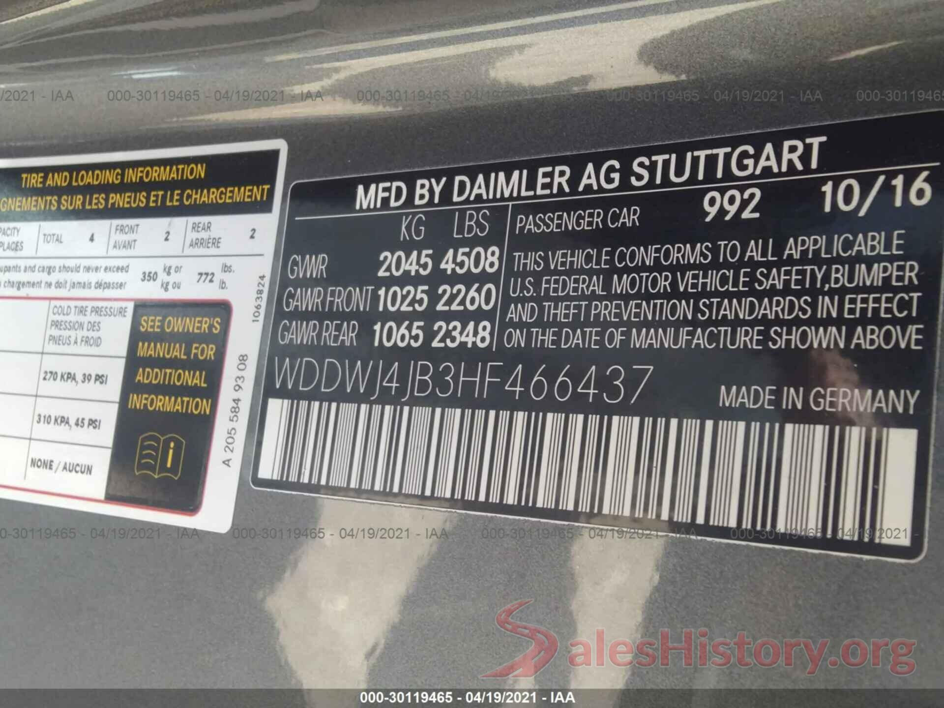 WDDWJ4JB3HF466437 2017 MERCEDES-BENZ C-CLASS