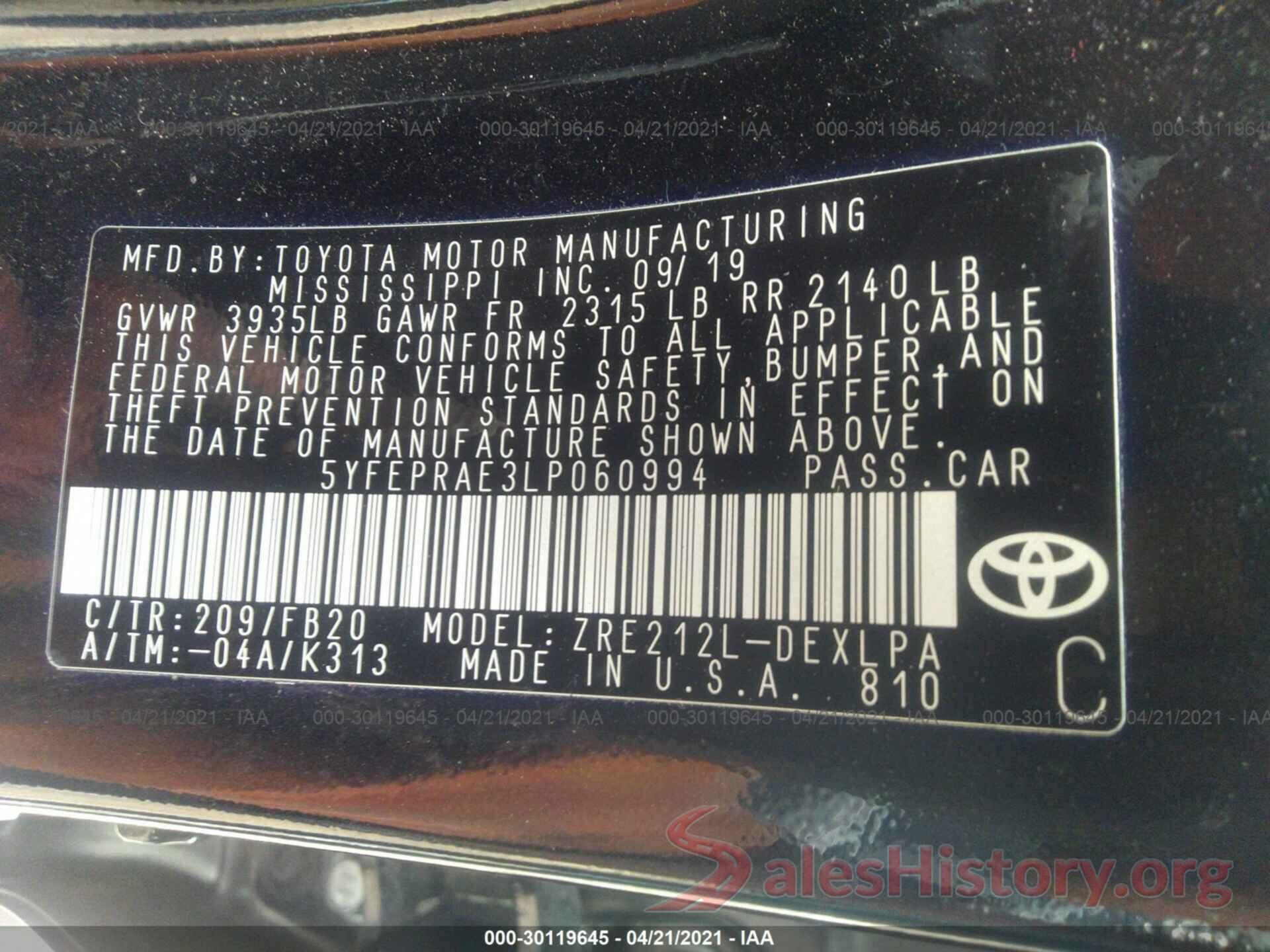 5YFEPRAE3LP060994 2020 TOYOTA COROLLA