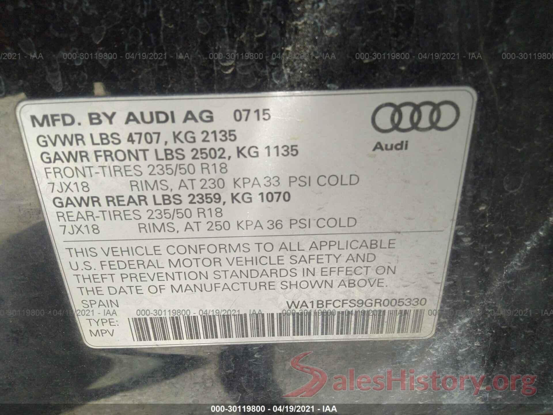 WA1BFCFS9GR005330 2016 AUDI Q3