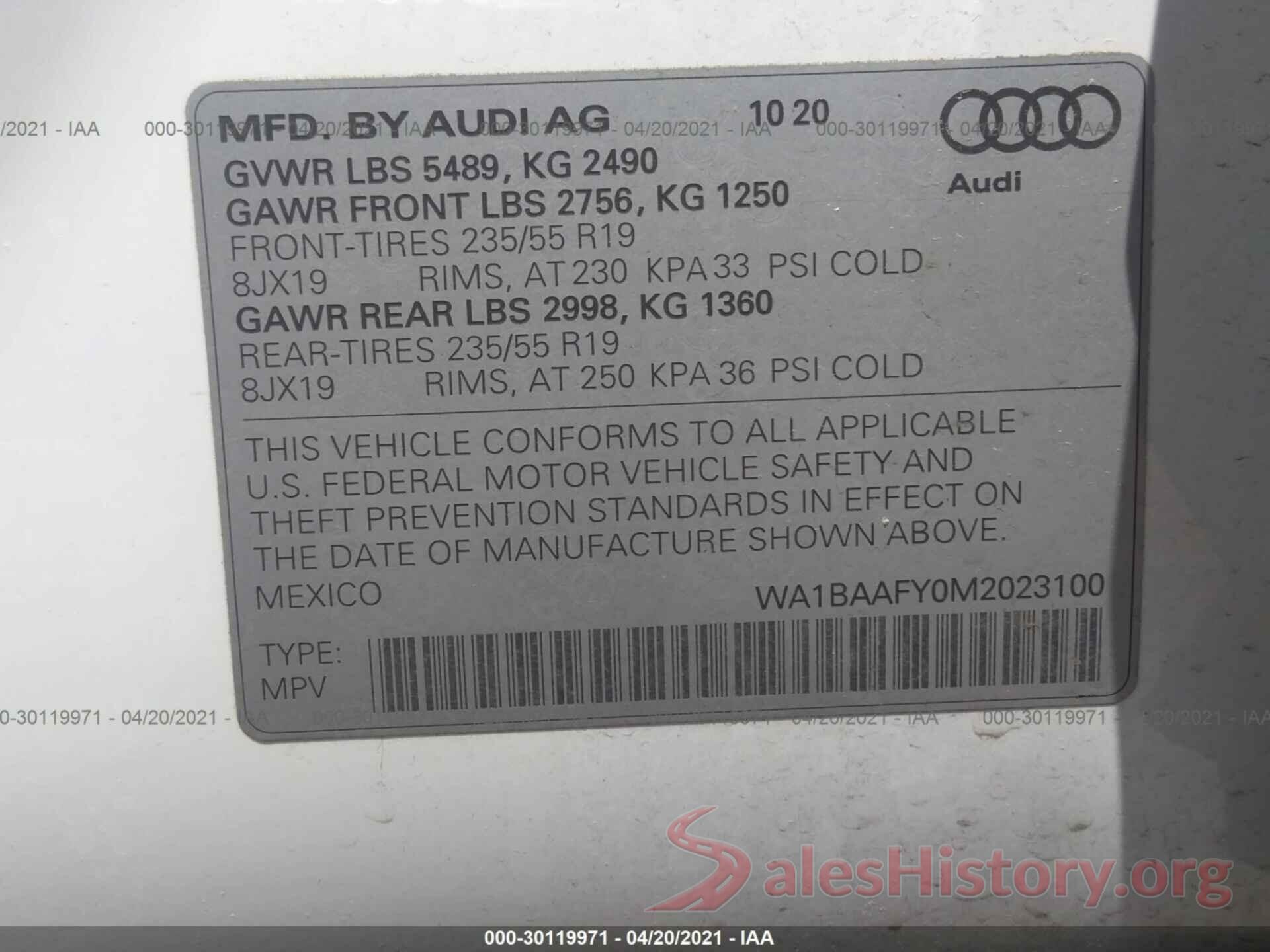 WA1BAAFY0M2023100 2021 AUDI Q5