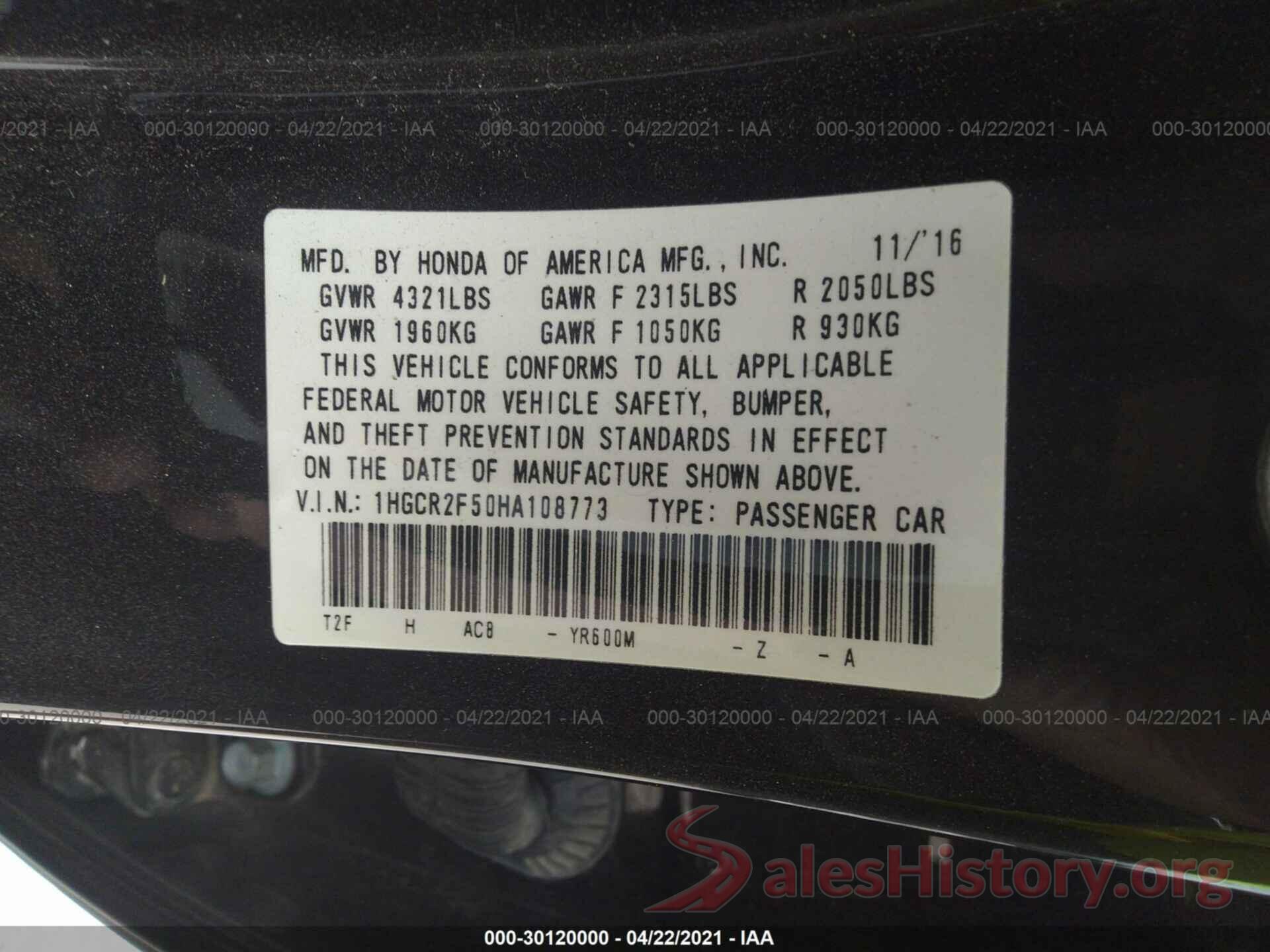 1HGCR2F50HA108773 2017 HONDA ACCORD SEDAN