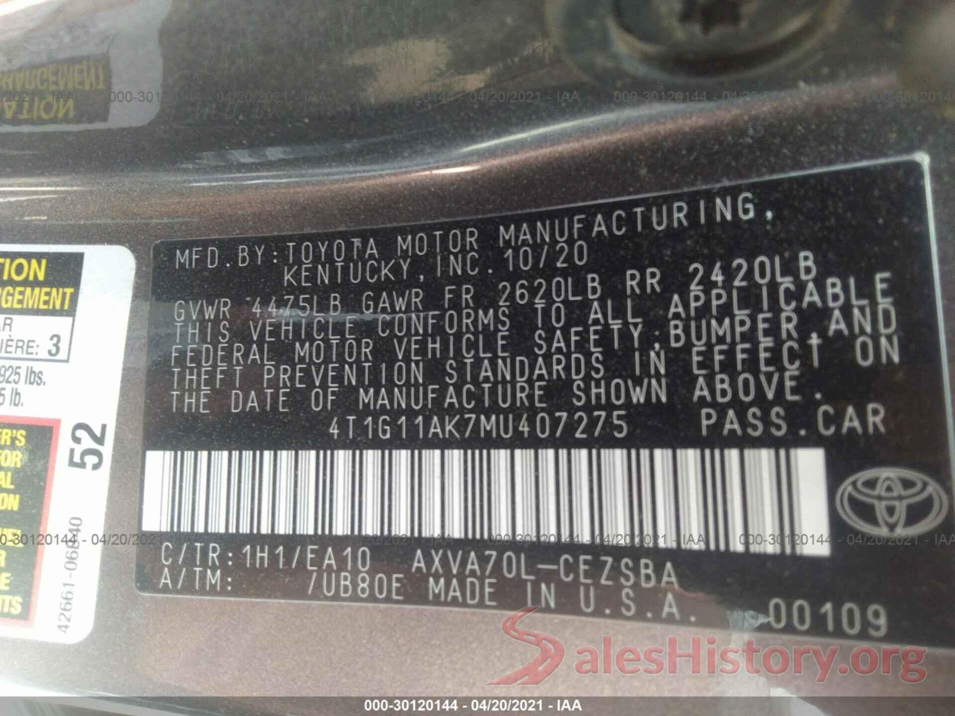 4T1G11AK7MU407275 2021 TOYOTA CAMRY