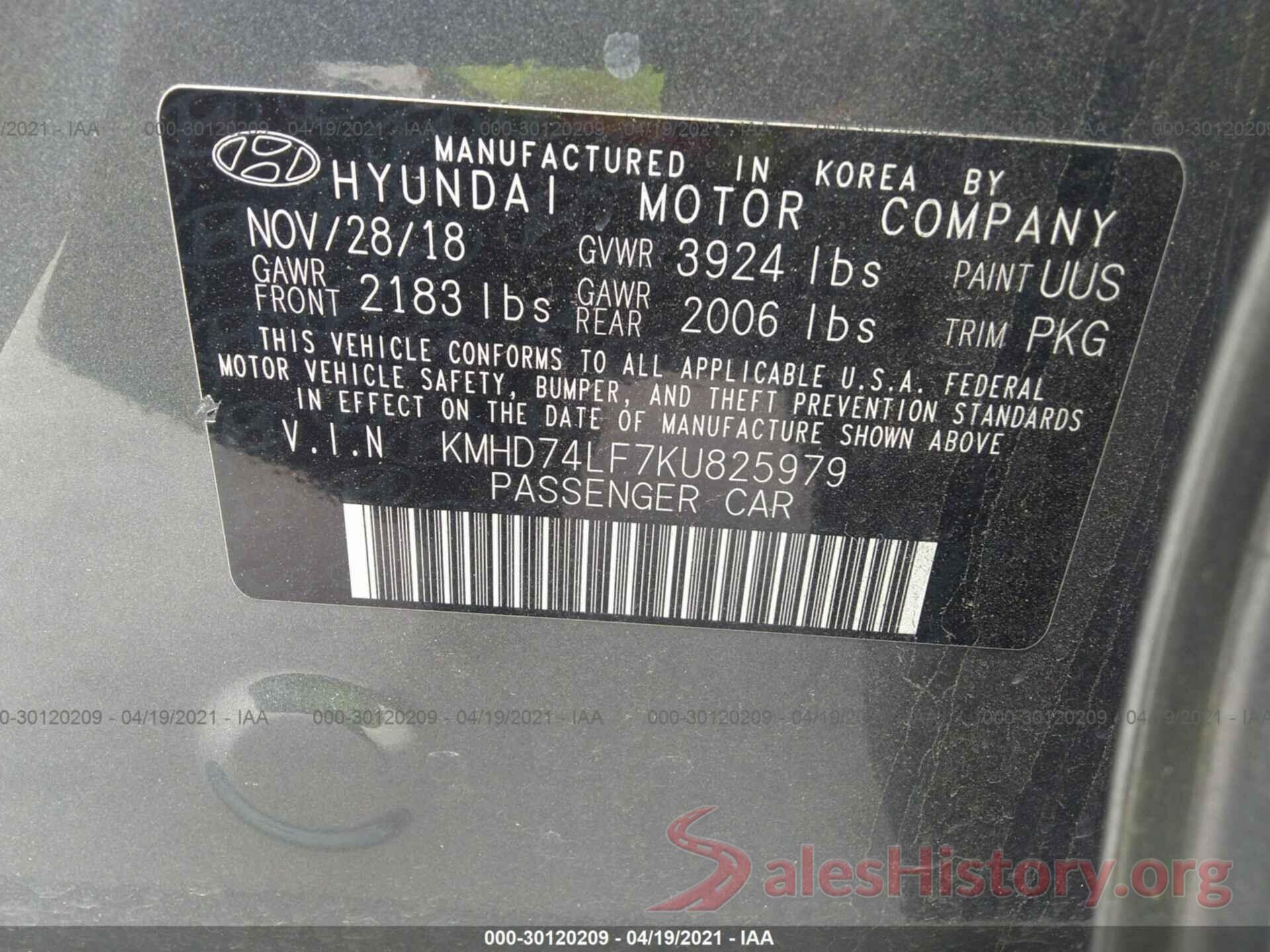 KMHD74LF7KU825979 2019 HYUNDAI ELANTRA