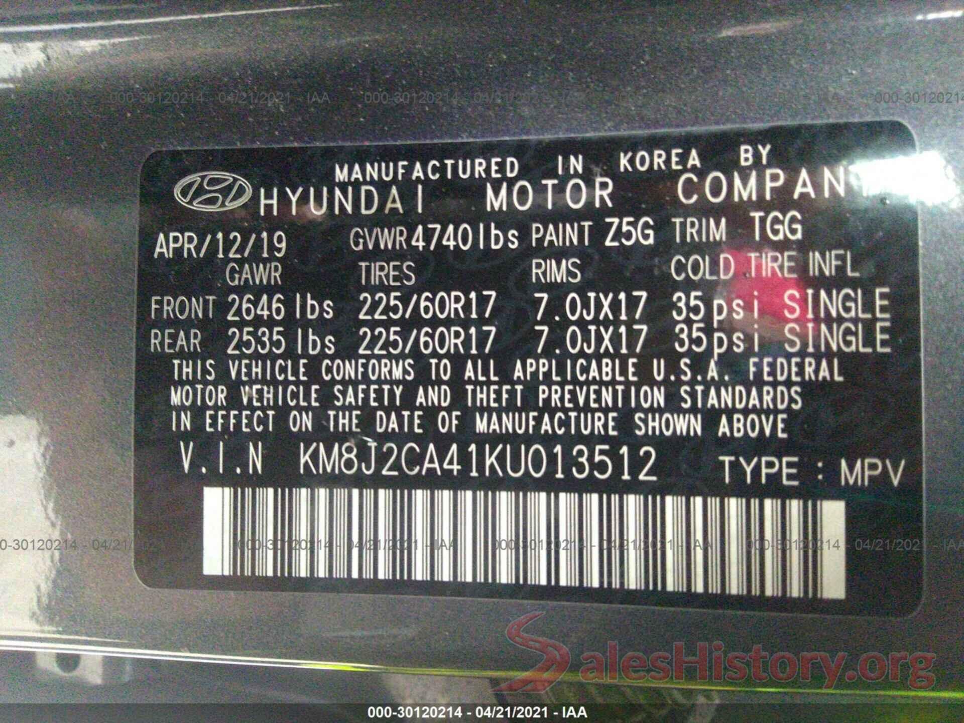 KM8J2CA41KU013512 2019 HYUNDAI TUCSON