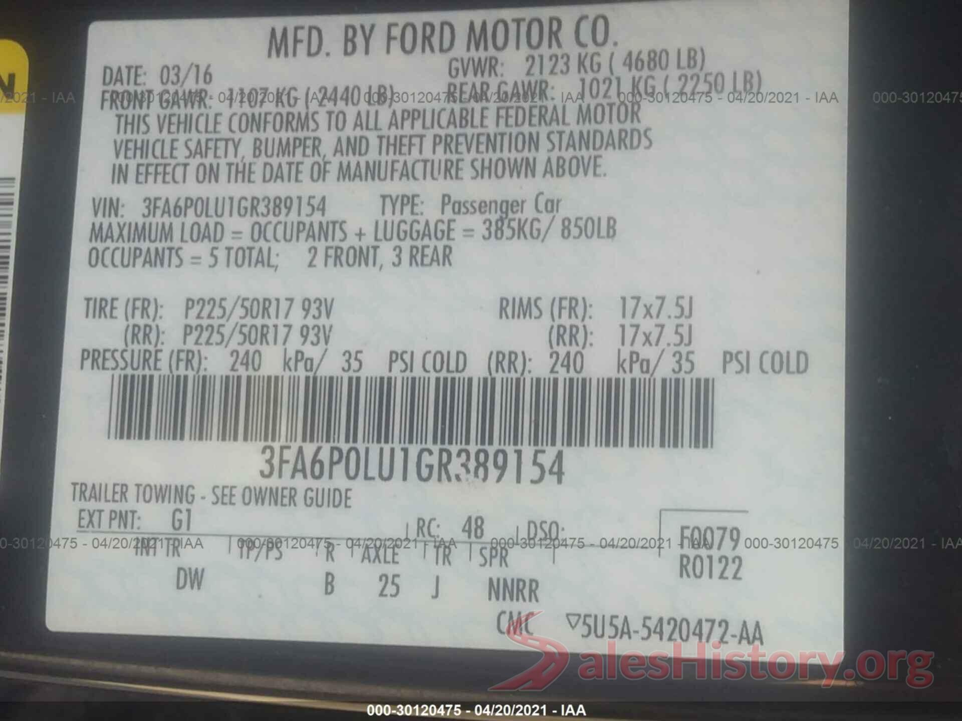 3FA6P0LU1GR389154 2016 FORD FUSION