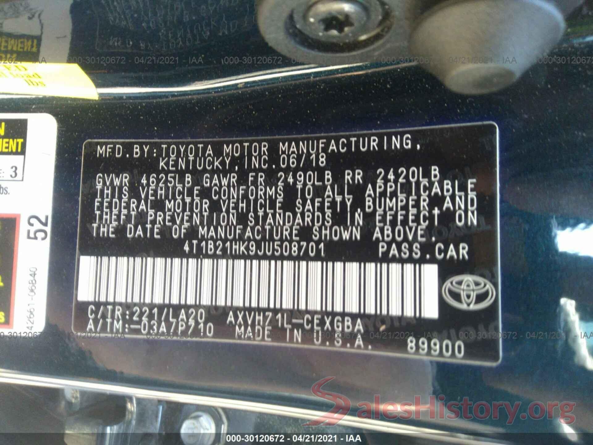 4T1B21HK9JU508701 2018 TOYOTA CAMRY