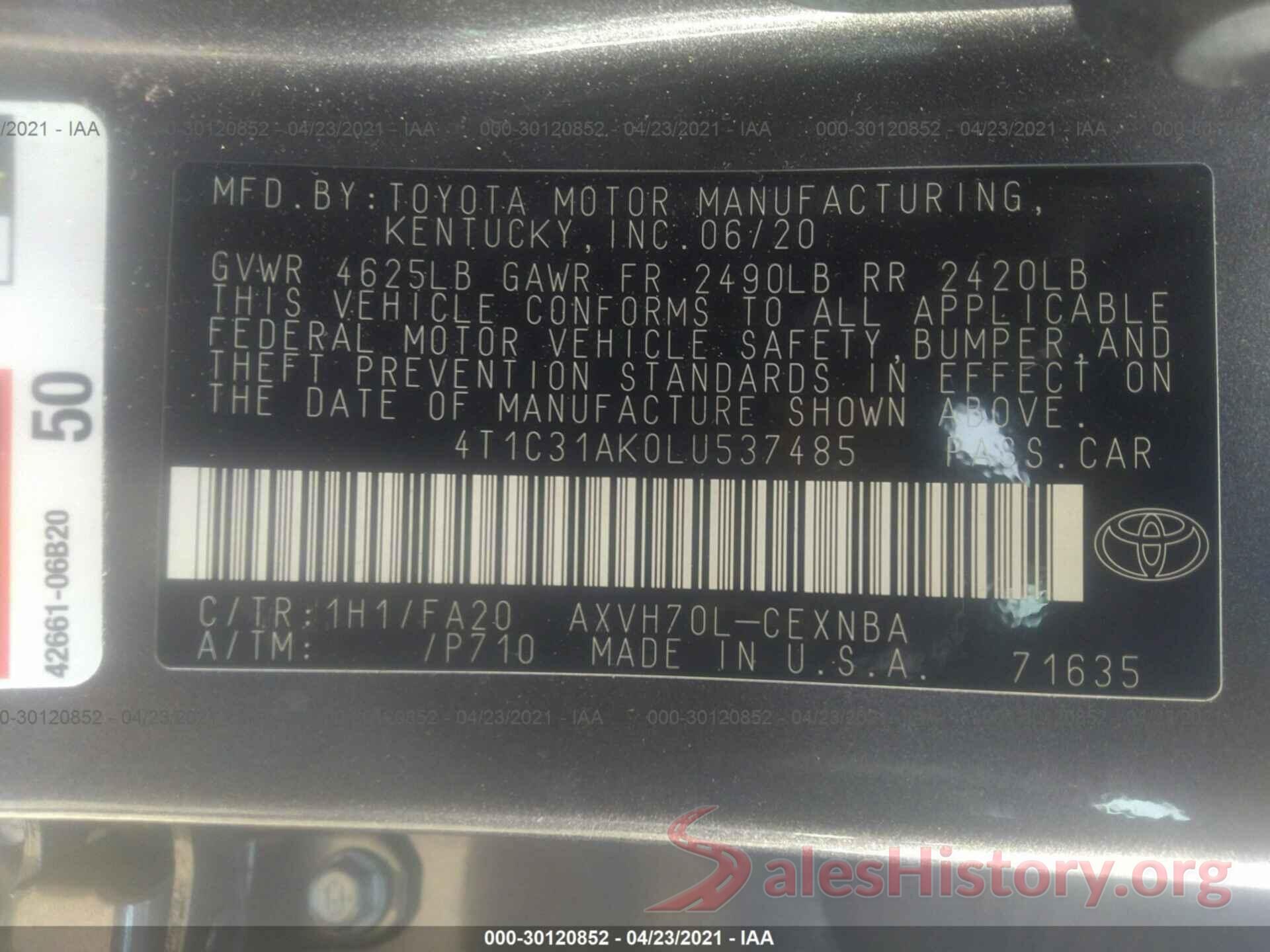 4T1C31AK0LU537485 2020 TOYOTA CAMRY