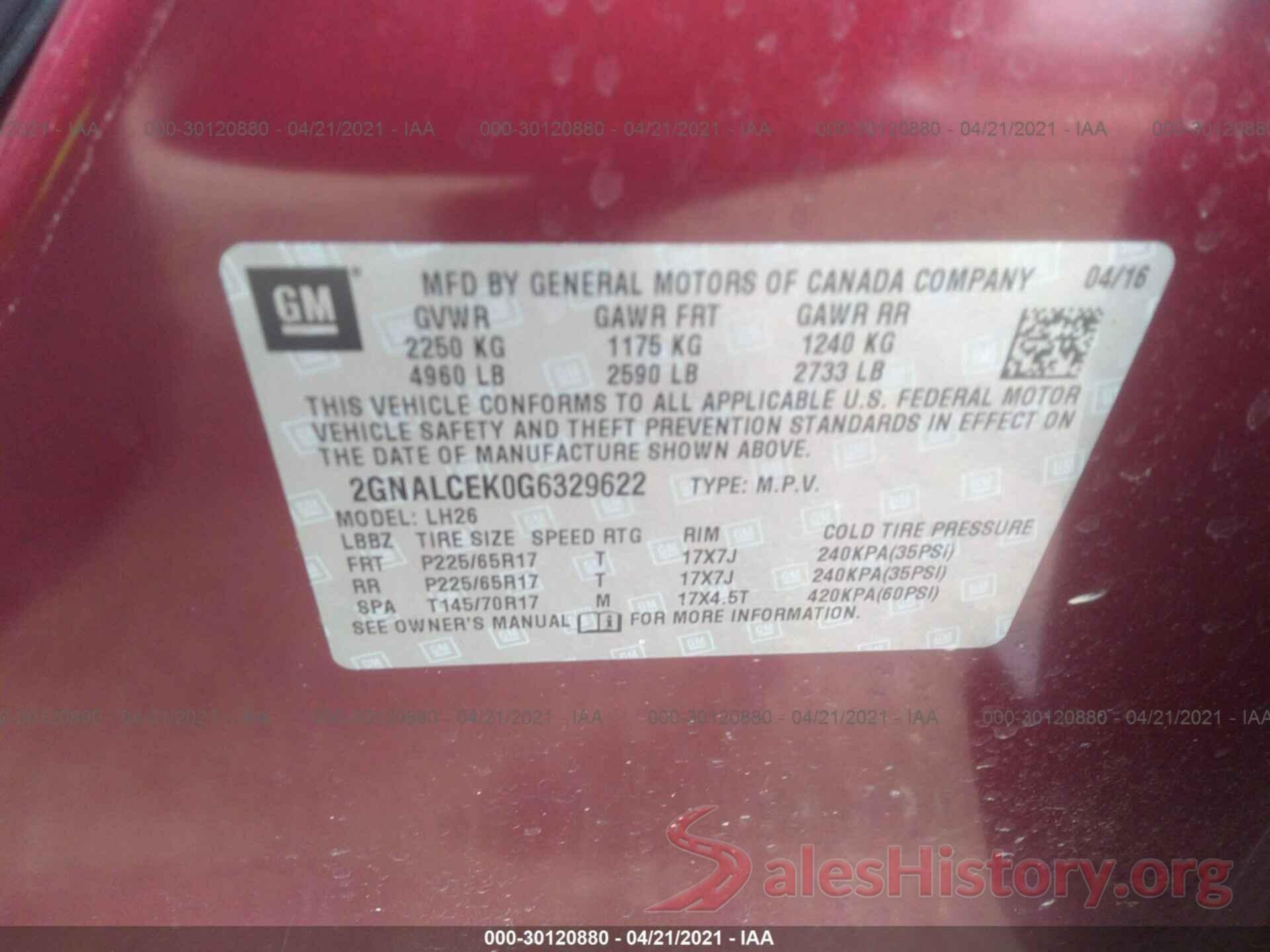 2GNALCEK0G6329622 2016 CHEVROLET EQUINOX