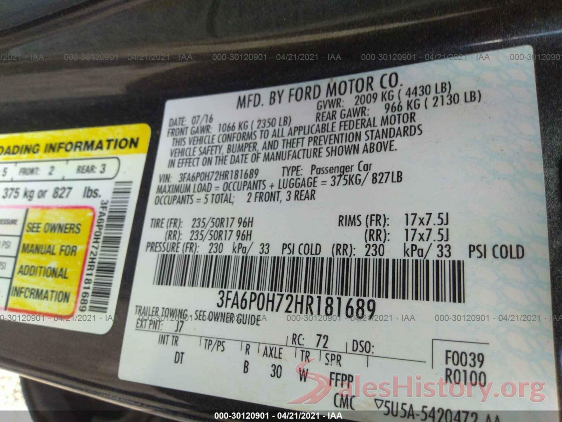 3FA6P0H72HR181689 2017 FORD FUSION