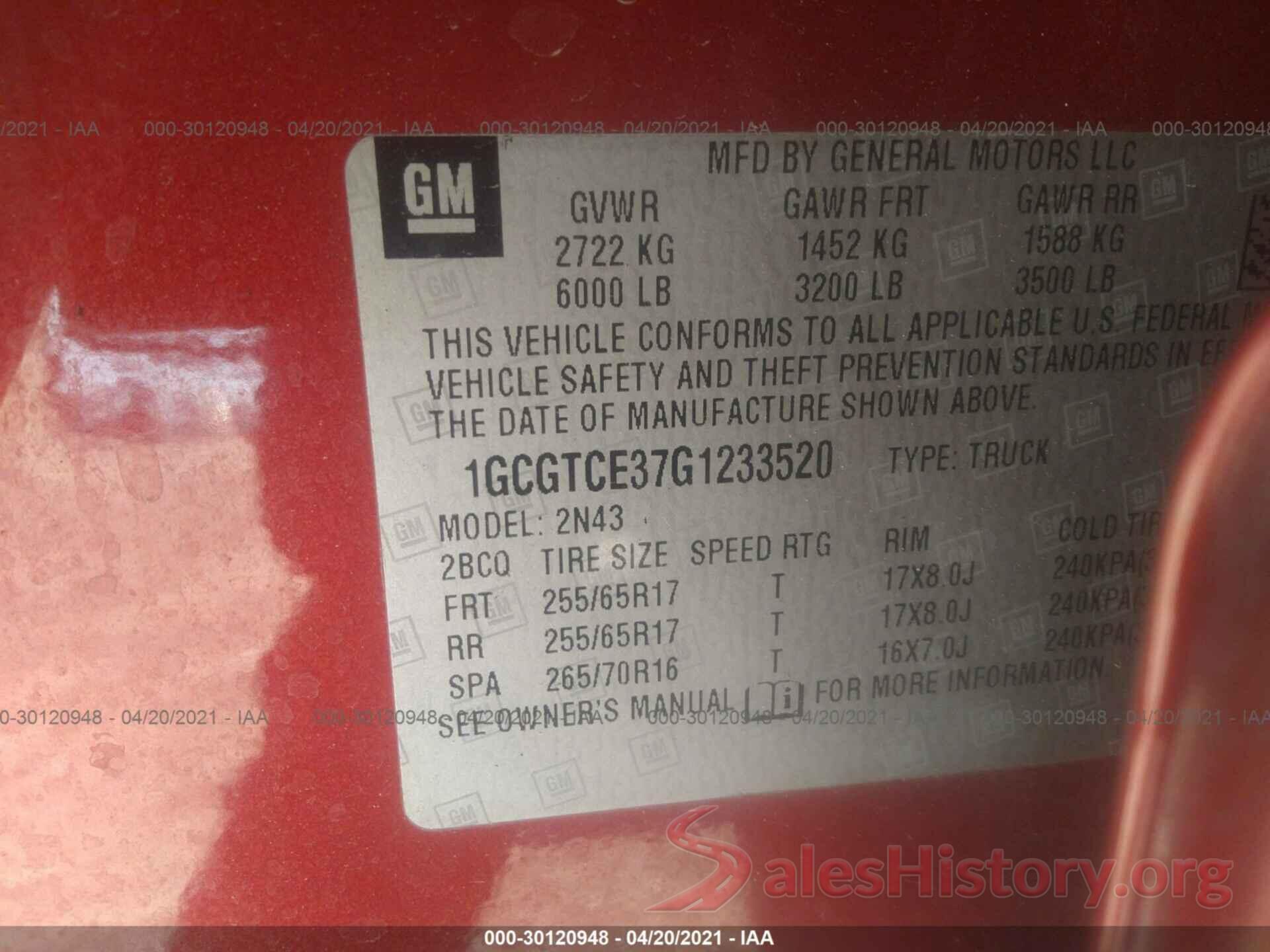 1GCGTCE37G1233520 2016 CHEVROLET COLORADO