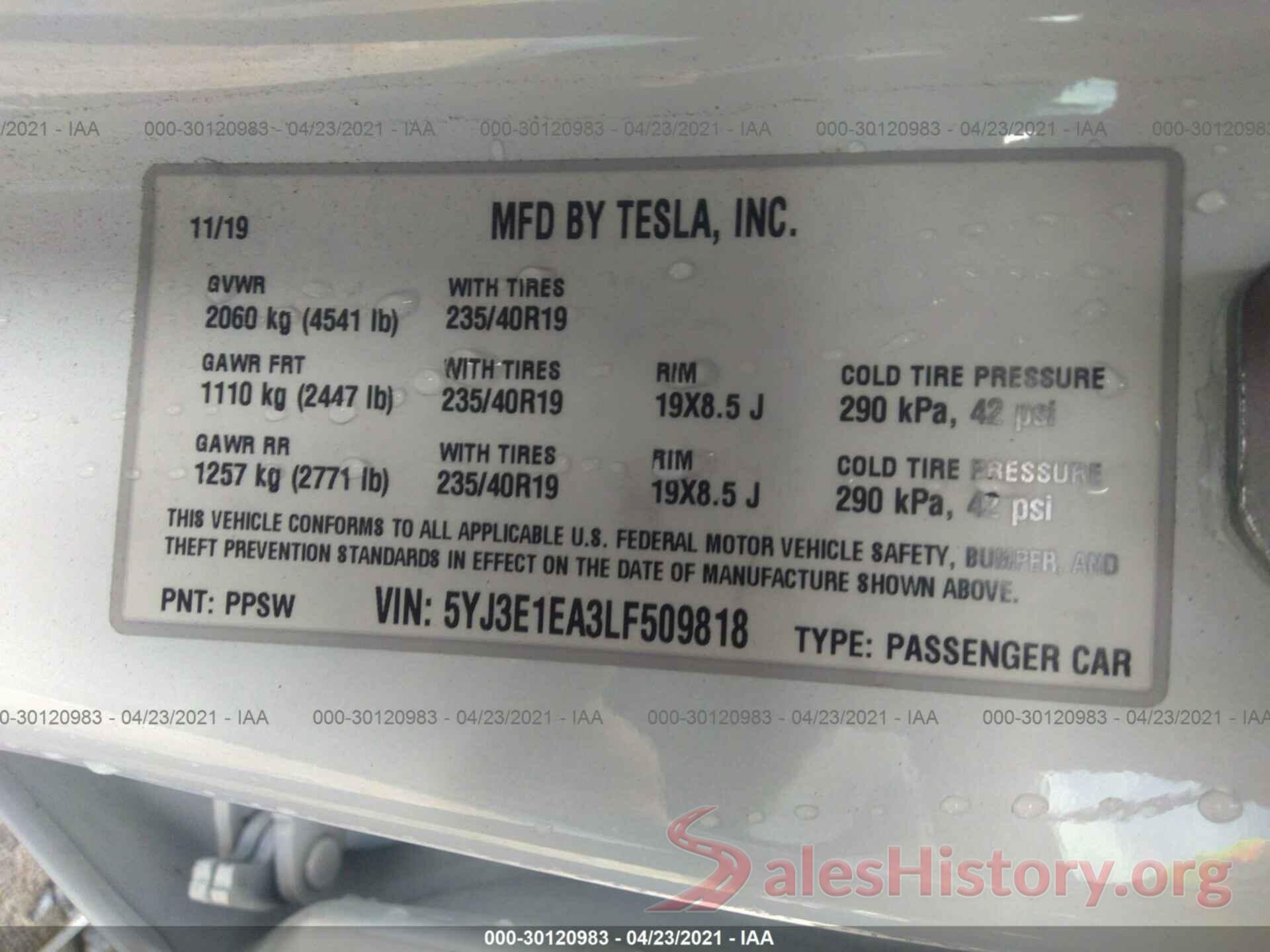 5YJ3E1EA3LF509818 2020 TESLA MODEL 3