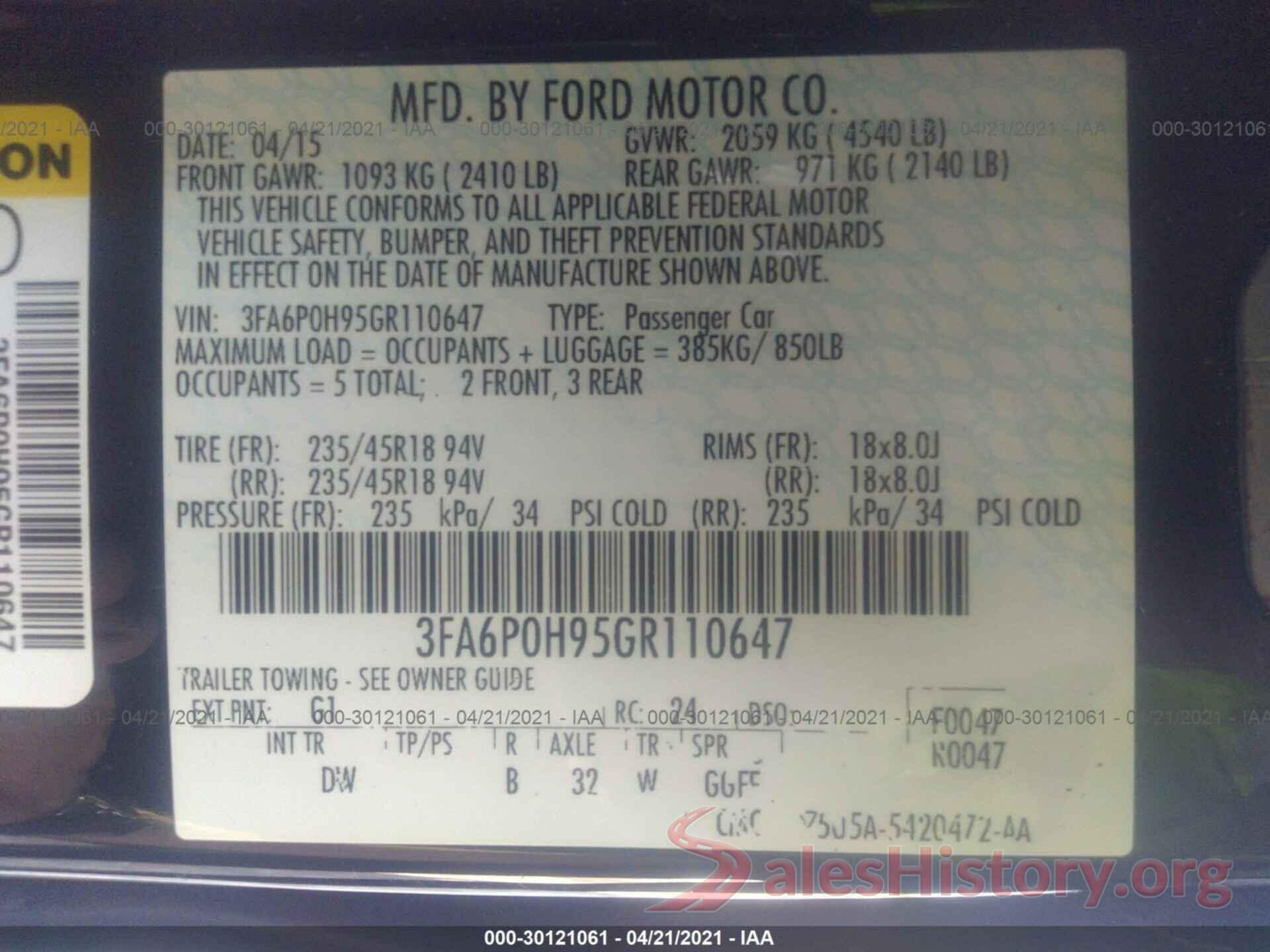 3FA6P0H95GR110647 2016 FORD FUSION