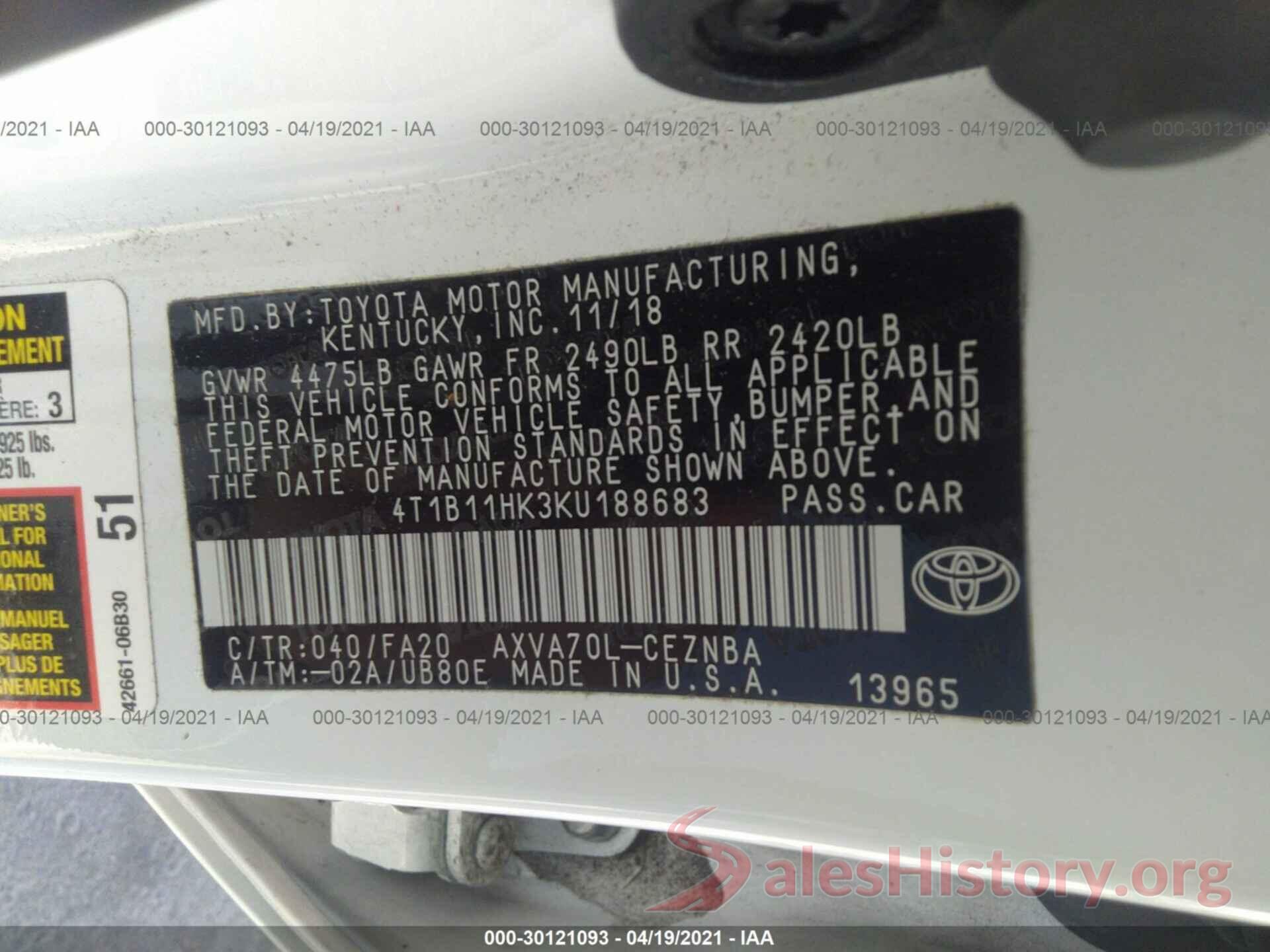 4T1B11HK3KU188683 2019 TOYOTA CAMRY