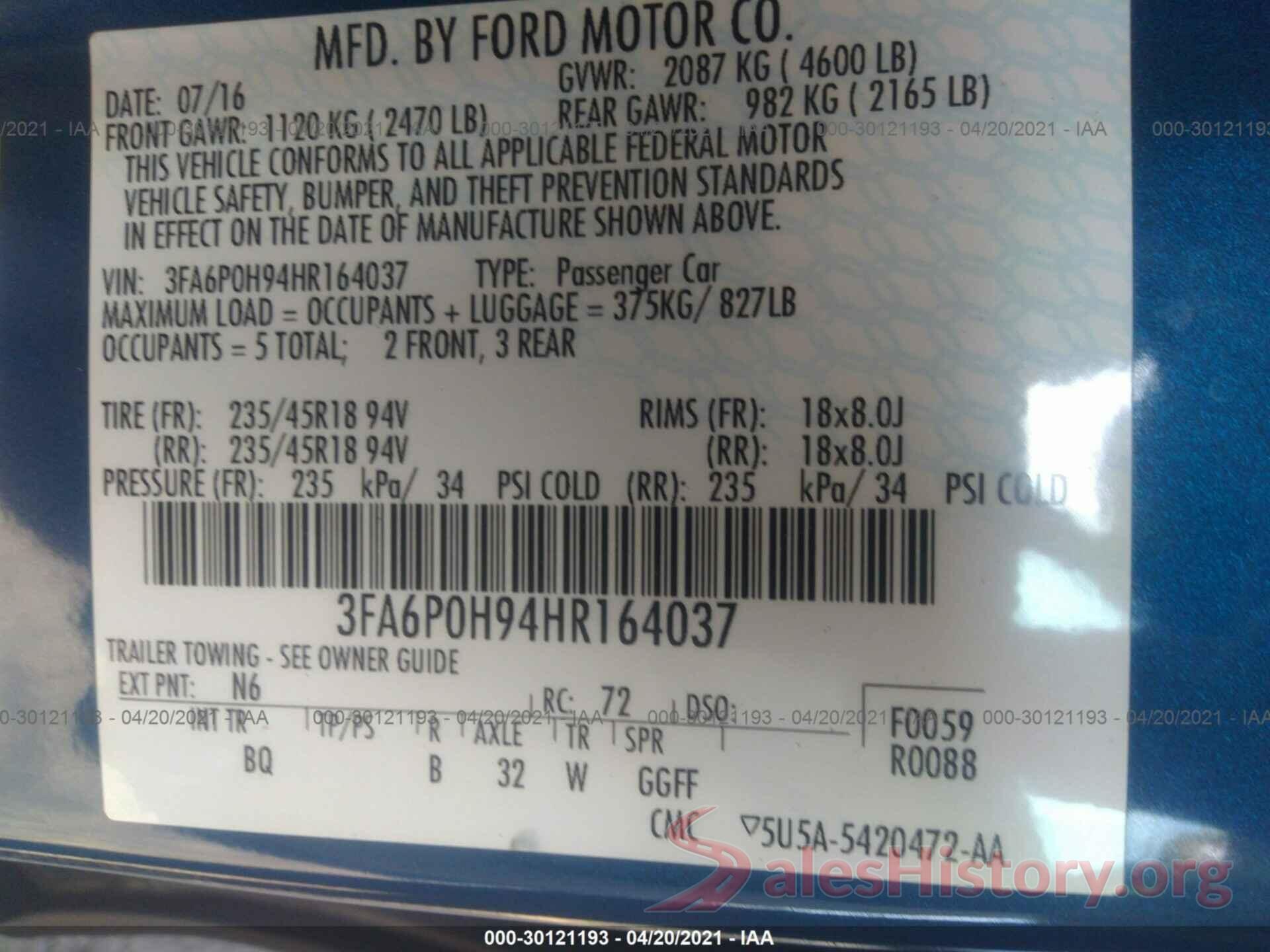 3FA6P0H94HR164037 2017 FORD FUSION