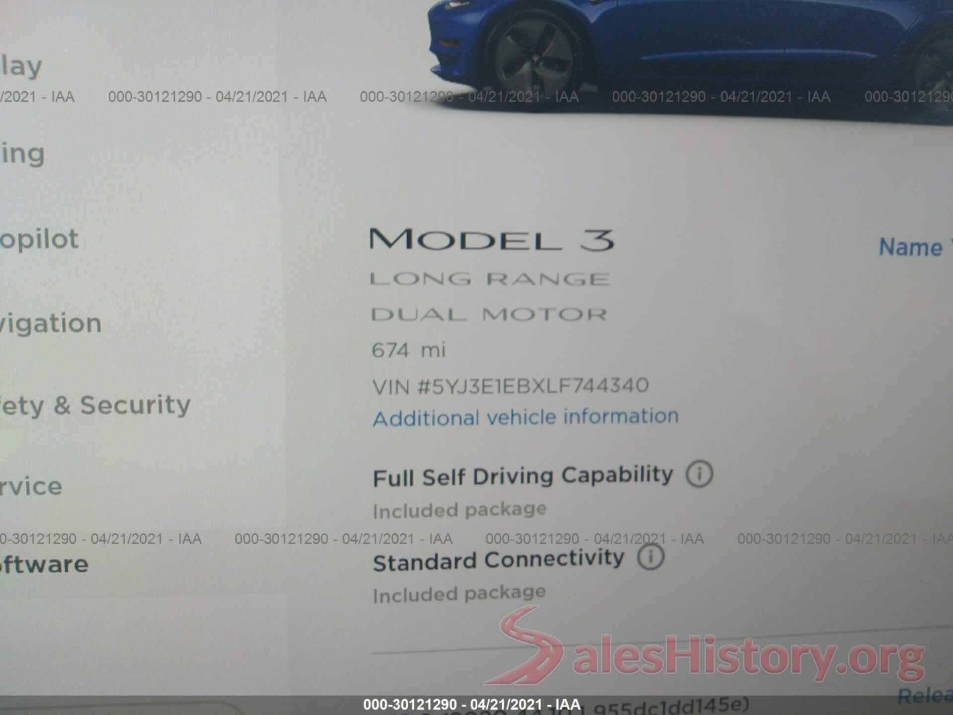 5YJ3E1EBXLF744340 2020 TESLA MODEL 3