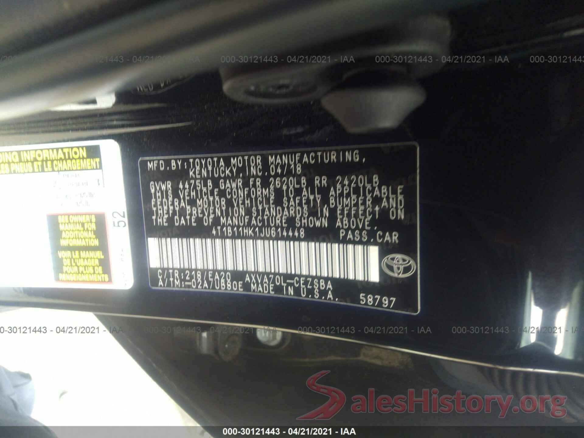 4T1B11HK1JU614448 2018 TOYOTA CAMRY