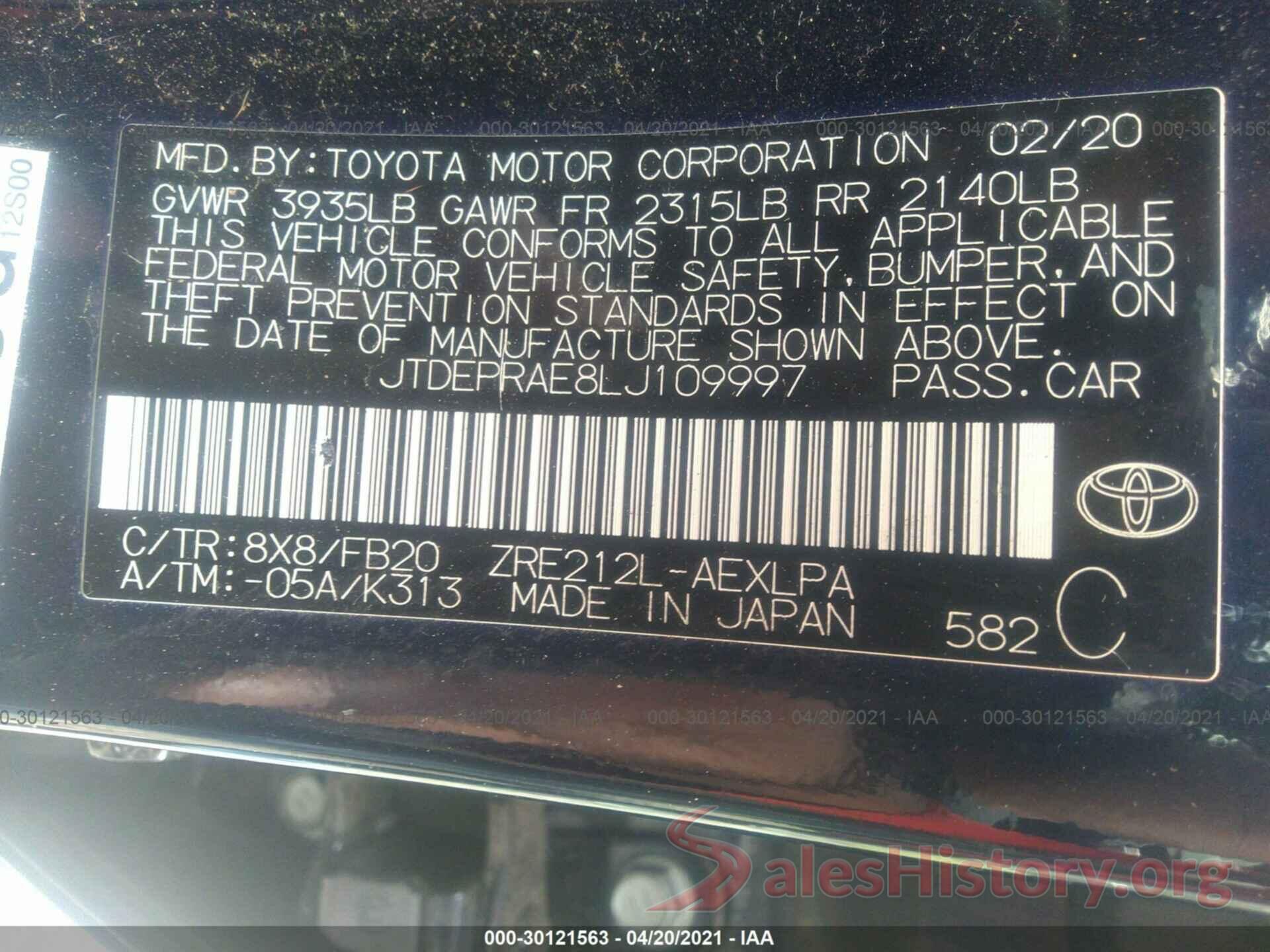 JTDEPRAE8LJ109997 2020 TOYOTA COROLLA